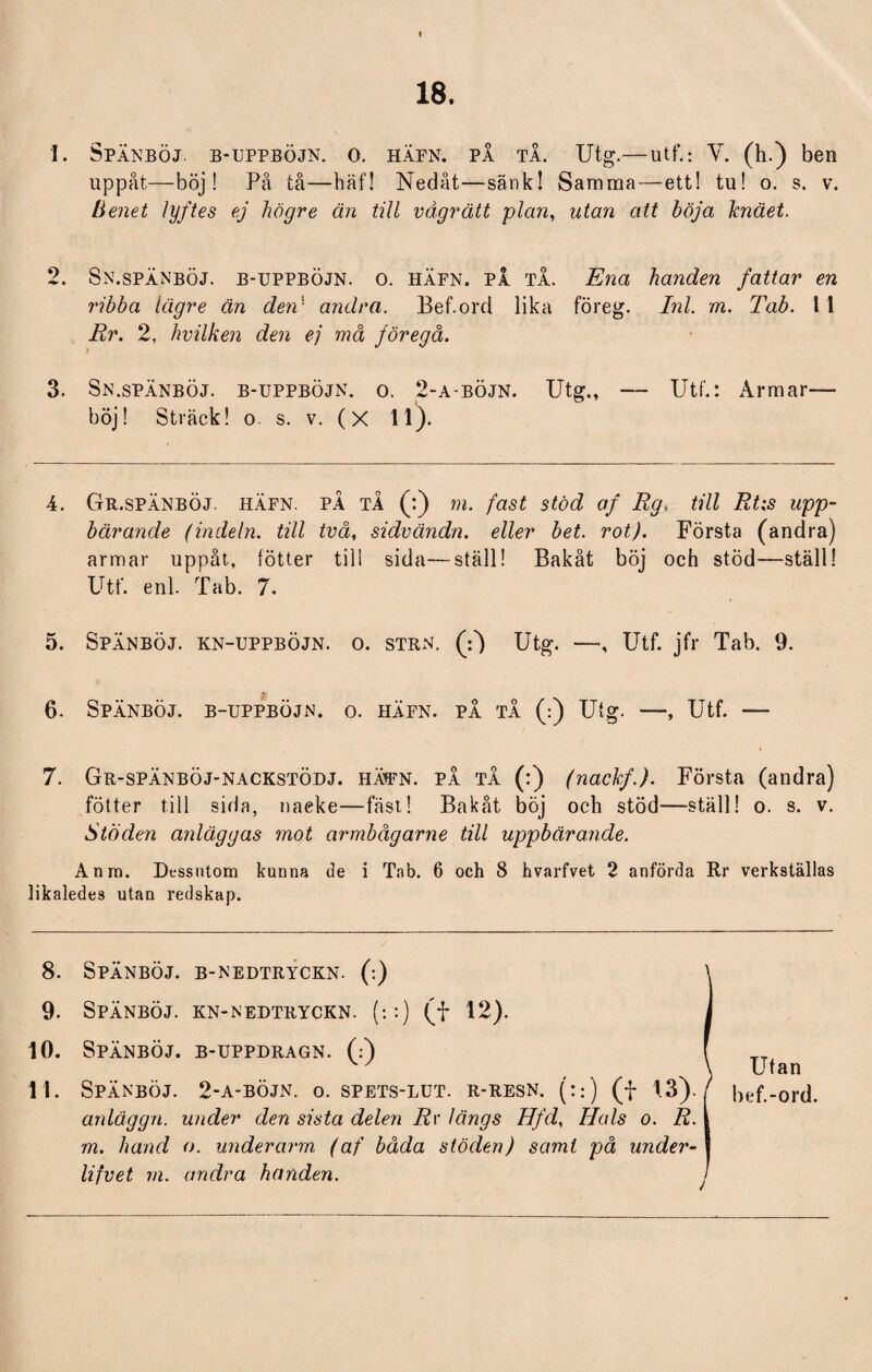 18. 1. Spänböj. b-uppböjn. o. häfn. på tå. Utg.—utf.: V. (h.) ben uppåt—böj! På tå—häf! Nedåt—sänk! Samma—ett! tu! o. s. v. benet lyftes ej lwgre än till vågrätt plan, utan att böja knäet. 2. Sn.spänböj. b-uppböjn. o. häfn. på tå. Ena handen fattar en ribba lägre än den' andra. Bef.ord lika föreg. Inl. m. Tab. I 1 Rr. 2, hvilken den ej må föregå. 3. Sn.spänböj. b-uppböjn. o. 2-a-böjn. Utg., — Utf.: Armar— böj! Sträck! o s. v. ( X 1 i). 4. Gr.spänböj. häfn. på tå (:) m. fast stöd af Rg. till Rt;s upp¬ bärande (indeln. till två, sidvändn. eller bet. rot). Första (andra) armar uppåt, fötter till sida—ställ! Bakåt böj och stöd—ställ! Utf. enl. Tab. 7. 5. Spänböj. kn-uppböjn. o. sten. (:) Utg. —Utf. jfr Tab. 9. 6. Spänböj. b-uppböjn. o. häfn. på tå (:) Utg. —, Utf. — 7. Gr-SPÄNBÖJ-NACKSTÖDJ. HÄtFN. PÅ TÅ (0 (nackf.). Första (andra) fötter till sida, naeke—fäst! Bakåt böj och stöd—ställ! o. s. v. Stöden anläggas mot armbågarne till uppbärande. Anm. Dessutom kunna de i Tab. 6 och 8 hvarfvet 2 anförda Rr verkställas likaledes utan redskap. 8. 9. 10. 11. Spänböj. b-nedtryckn. (:) Spänböj. kn-nedtryckn. (::) (f 12). Spänböj. b-uppdragn. (:) Spänböj. 2-a-böjn. o. spets-lut. r-resn. (::) (f 1.3). anlägga, under den sista delen Rr längs Hfd, Ilals o. R. m. hand o. underarm (af båda stöden) samt på under- lifvet m. andra handen. Utan bef.-ord.