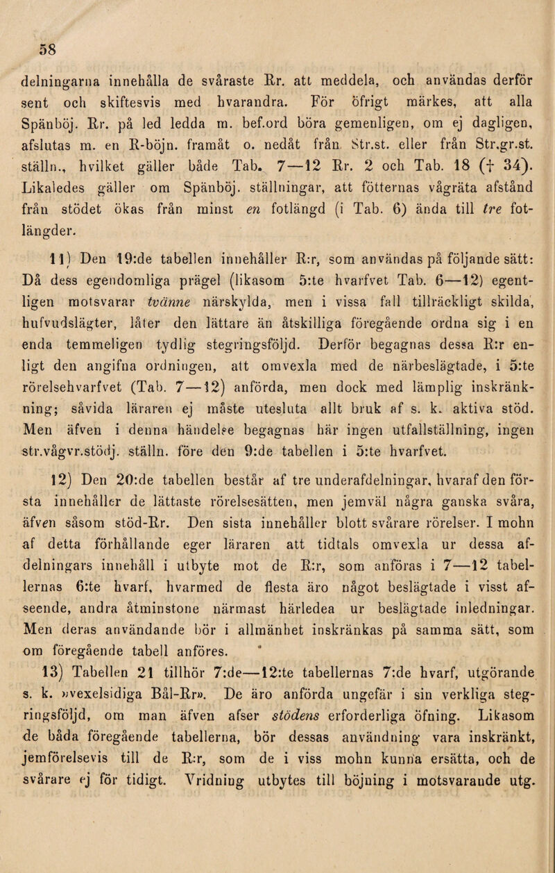 delningarna innehålla de svåraste Hr. att meddela, och användas derför sent och skiftesvis med hvarandra. För öfrigt märkes, att alla Spänböj. Hr. på led ledda ra. bef.ord böra gemenligen, om ej dagligen, afsiutas m. en R-böjn. framåt o. nedåt från Str.st. eller från Str.gr.st. ställn., hvilket gäller både Tab. 7—12 Er. 2 och Tab. 18 (f 34). Likaledes gäller om Spänböj. ställningar, att fotternas vågräta afstånd från stödet ökas från minst en fotlängd (i Tab. 6) ända till tre fot¬ längder. 11) Den 19:de tabellen innehåller R:r, som användas på följande sätt: Då dess egendomliga prägel (likasom 5:te hvarfvet Tab. 6—12) egent¬ ligen motsvarar tvänne närskylda, men i vissa fall tillräckligt skilda, hufvudslägter, låter den lättare än åtskilliga föregående ordna sig i en enda temmeligen tydlig stegringsföljd. Derför begagnas dessa R:r en¬ ligt den angifna ordningen, att omvexla med de närbeslägtade, i 5:te rorelsehvarfvet (Tab. 7—12) anförda, men dock med lämplig inskränk¬ ning; såvida läraren ej måste utesluta allt bruk af s. k. aktiva stöd. Men äfven i denna händelse begagnas här ingen utfallställning, ingen str.vågvr.stödj. ställn. före den 9:de tabellen i 5:te hvarfvet. 12) Den 20:de tabellen består af tre underafdelningar, hvaraf den för¬ sta innehåller de lättaste rörelsesätten, men jemväl några ganska svåra, äfven såsom stöd-Rr. Den sista innehåller blott svårare rörelser. I mohn af detta förhållande eger läraren att tidtals omvexla ur dessa af- delningars innehåll i utbyte mot de R:r, som anföras i 7—12 tabel¬ lernas 6:te hvarf, hvarmed de flesta äro något beslägtade i visst af- seende, andra åtminstone närmast härledea ur beslägtade inledningar. Men deras användande bör i allmänhet inskränkas på samma sätt, som om föregående tabell anföres. 13) Tabellen 21 tillhör 7:de—12:te tabellernas 7:de hvarf, utgörande s. k. »vexelsidiga Bål-Rr». De äro anförda ungefär i sin verkliga steg¬ ringsföljd, om man äfven afser stödens erforderliga Öfning. Likasom de båda föregående tabellerna, bör dessas användning vara inskränkt, jemförelsevis till de R:r, som de i viss mohn kunna ersätta, och de svårare ej för tidigt. Yridniug utbytes till böjning i motsvaraude utg.