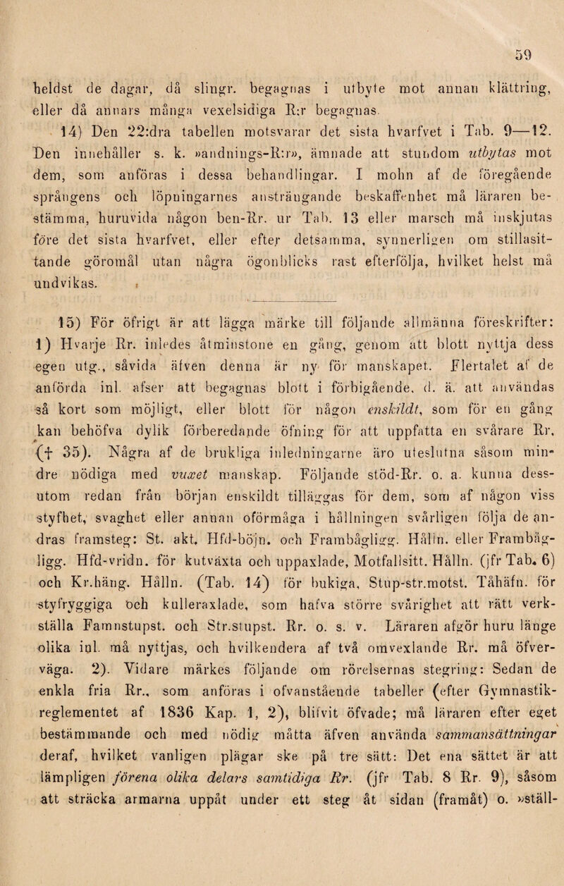 eller då annars många vexelsidiga R:r begagnas. 14) Den 22:dra tabellen motsvarar det sista hvarfvet i Tab. 0—12. Den innehåller s. k. »andnings-R:r», ämnade att stundom utbytas mot dem, som anföras i dessa behandlingar. I mohn af de föregående språngens och löpuingarnes ansträngande beskaffenhet må läraren be¬ stämma, huruvida någon ben-Rr. ur Tab. 13 eller marsch må inskjutas före det sista hvarfvet, eller efter detsamma, synnerligen om stillasit¬ tande göromål utan några ögonblicks rast efterfölja, hvilket helst må undvikas. . 15) För öfrigt är att lägga märke till följande allmänna föreskrifter: 1) Hvarje Er. inledes åtminstone en gång, genom att blott, nyttja dess egen utg., såvida äfven denna är ny för manskapet. Flertalet af de anförda inl. afser att begagnas blott i förbigående, d. ä. att användas så kort som möjligt, eller blott för någon enskildt, som för en gång kan behofva dylik förberedande öfning för att uppfatta en svårare Rr, (f 35). Några af de brukliga inledningarne äro uteslutna såsom min» dre nödiga med vuxet manskap. Följande stöd-Rr. o. a. kunna dess¬ utom redan från början enskildt tilläggas för dem, som af någon viss styfhet, svaghet eller annan oförmåga i hållningen svårligen följa de an¬ dras framsteg: St. akt, Hfd-böjn. och Frambågligg. Hålin. eller Frambäg- ligg. Hfd-vridn. för kutväxta och uppaxlade, Motfallsitt. Hålin. (jfr Tab, 6) och Kr.häng. Hålin. (Tab. 14) för bukiga, Stup-str.motst. Tåhäfn. för styfryggiga Och kulleraxlade, som hafva större svårighet att rätt verk¬ ställa Famnstupst. och Str.stupst. Rr. o. s. v. Läraren afgör huru länge olika inl. må nyttjas, och hvilkendera af två omvexlande Rr. må öfver- väga. 2). Vidare märkes följande om rörelsernas stegring: Sedan de enkla fria Rr., som anföras i ofvaustående tabeller (efter Gymnastik¬ reglementet af 1836 Kap. 1, 2), blifvit öfvade; må läraren efter eget bestämmande och med nödig måtta äfven använda sammansättningar deraf, hvilket vanligen plägar ske på tre sätt: Det ena sättet är att lämpligen förena olika delars samtidiga Rr. (jfr Tab. 8 Rr. 9), såsom att sträcka armarna uppåt under ett steg åt sidan (framåt) o. »ställ-