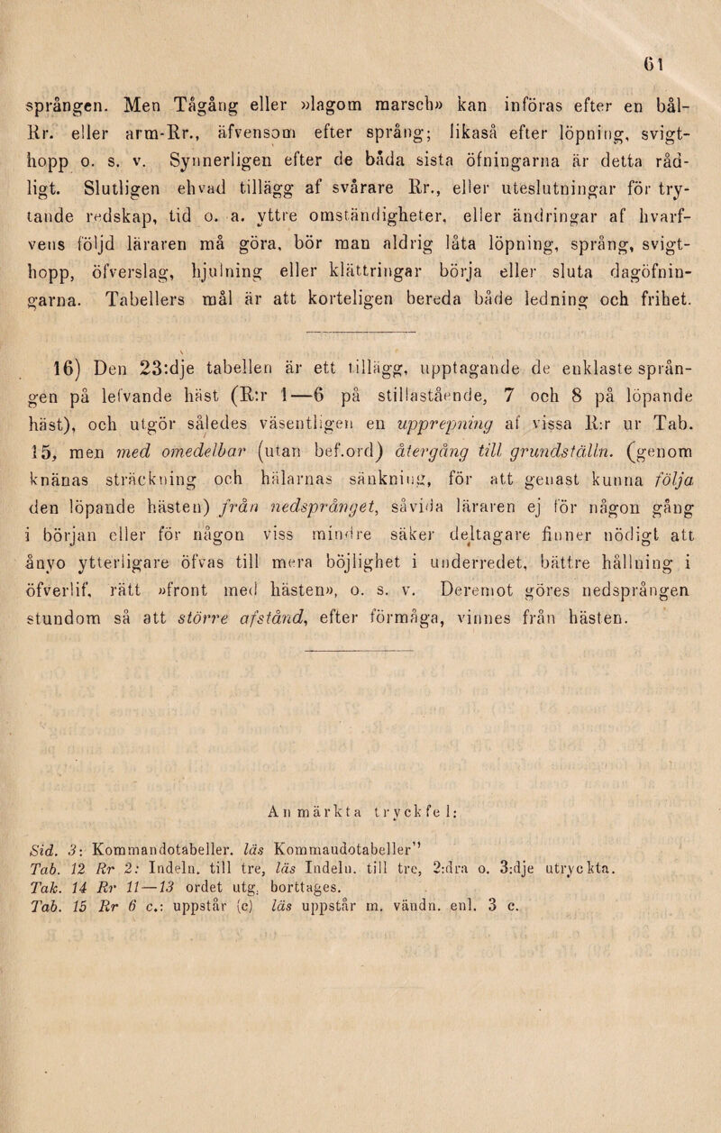 sprången. Men Tågång eller »lagom marsch» kan införas efter en bål- Rr. eller arm-Rr., äfvensom efter språng; likaså efter löpning, svigt- hopp o. s. v. Synnerligen efter de båda sista öfningarna är detta råd- ligt. Slutligen ehvad tillägg af svårare Er., eller uteslutningar för try¬ tande redskap, tid o. a. yttre omständigheter, eller ändringar af livarf- vens följd läraren må göra, bör man aldrig låta löpning, språng, svigt- hopp, öfverslag, hjul ning eller klättringar börja eller sluta dagöfnin- garna. Tabellers mål är att korteligen bereda både ledning och frihet. 16) Den 23:dje tabellen är ett tillägg, upptagande de enklaste språn¬ gen på lefvande häst (R:r !—6 på stillastående, 7 och 8 på löpande häst), och utgör således väsentligen en upprepning af vissa R:r ur Tab. 15, men med omedelbar (utan bef.ord) återgång till grundstälin. (genom knänas sträckning och hälarnas sänkning, för att genast kunna följa den löpande hästen) från nedsprånget, såvida läraren ej för någon gång i början eller för någon viss mindre säker deltagare finner nödigt att ånyo ytterligare Öfvas till mera böjlighet i underredet, bättre hållning , i öfverlif, rätt »front med hästen», o. s. v. Deremot göres nedsprången stundom så att större af stånd, efter förmåga, vinnes från hästen. An märkta tryckte 1: Sid. 3: Kommandotabeller, läs Kommaudotabeller’1 Tab. 12 Rr 2: Indeln. till tre, läs Indelu. till tre, 2:dra o. 3:dje utryckta. Tak. 14 Rr 11 —13 ordet utg. borttages. Tab. 15 Rr 6 c.: uppstår (c) läs uppstår m. vändn. enl. 3 c.