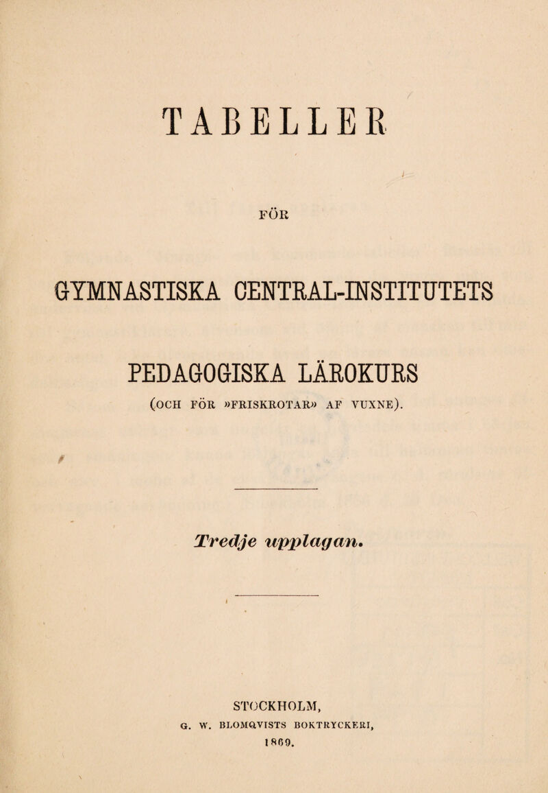 TABELLER FÖR GYMNASTISKA CENTRAL-INSTITUTETS PEDAGOGISKA LÄROKURS (och för »friskrotar» af vuxne). Tredje upplagan. STOCKHOLM, G. W. BLOMQVISTS BOKTRYCKERI, 1809. \