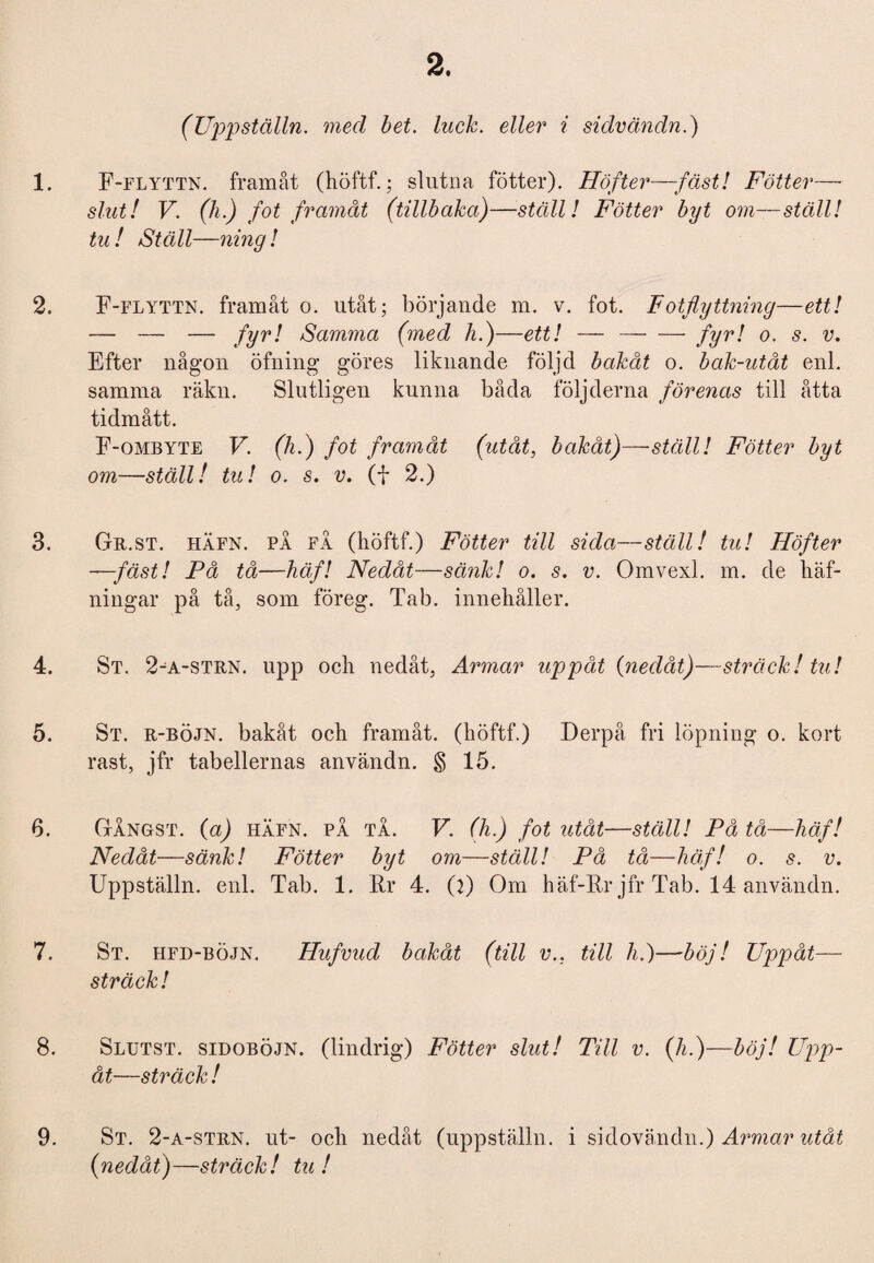 (Uppställn. med bet. hick. eller i sidvändn.) 1. F-flyttn. framåt (höftf.; slutna fotter). Höfter—fäst! Fötter— slut! V. (h.) fot framåt (tillbaka)—ställ! Fötter byt om—ställ! tu! Ställ—ning! 2. F-flyttn. framåt o. utåt; börjande m. v. fot. Fotflyttning—ett! — — — fyr! Samma (med h.)—ett! —-fyr! o. s. v. Efter någon öfning göres liknande följd bakåt o. bak-utåt enl. samma räkn. Slutligen kunna båda följderna förenas till åtta tidmått. F-ombyte V. (h.) fot framåt (utåt, bakåt)—ställ! Fötter byt om—ställ! tu! o. s. v. (i 2.) 3. Gr.st. häfn. PÅ få (höftf.) Fötter till sida—ställ! tu! Höfter —-fäst! På tå—häf! Nedåt—sänk! o. s. v. Omvexl. m. de häf- ningar på tå, som föreg. Tab. innehåller. 4. St. 2-^a-strn. upp och nedåt, Armar uppåt {nedåt)—sträck! tu! 5. St. r-böjn. bakåt och framåt, (höftf.) Derpå fri löpning o. kort rast, jfr tabellernas användn. § 15. 6. Gångst. (a) häfn. på tå. V. (h.) fot utåt—ställ! På tå—häf! Nedåt—sänk! Fötter byt om—ställ! På tå—häf! o. s. v. Uppställn. enl. Tab. 1. Rr 4. 0) Om häf-Rr jfr Tab. 14 användn. 7. St. hfd-böjn. Hufvud bakåt (till v., till h.)—böj! Uppåt— sträck! 8. Slutst. sidoböjn. (lindrig) Fötter slut! Till v. (h.)—böj! Upp¬ åt—sträck ! 9. St. 2-a-strn. ut- och nedåt (uppställn. i sidovändn.) Armar utåt {nedåt)—sträck! tu!