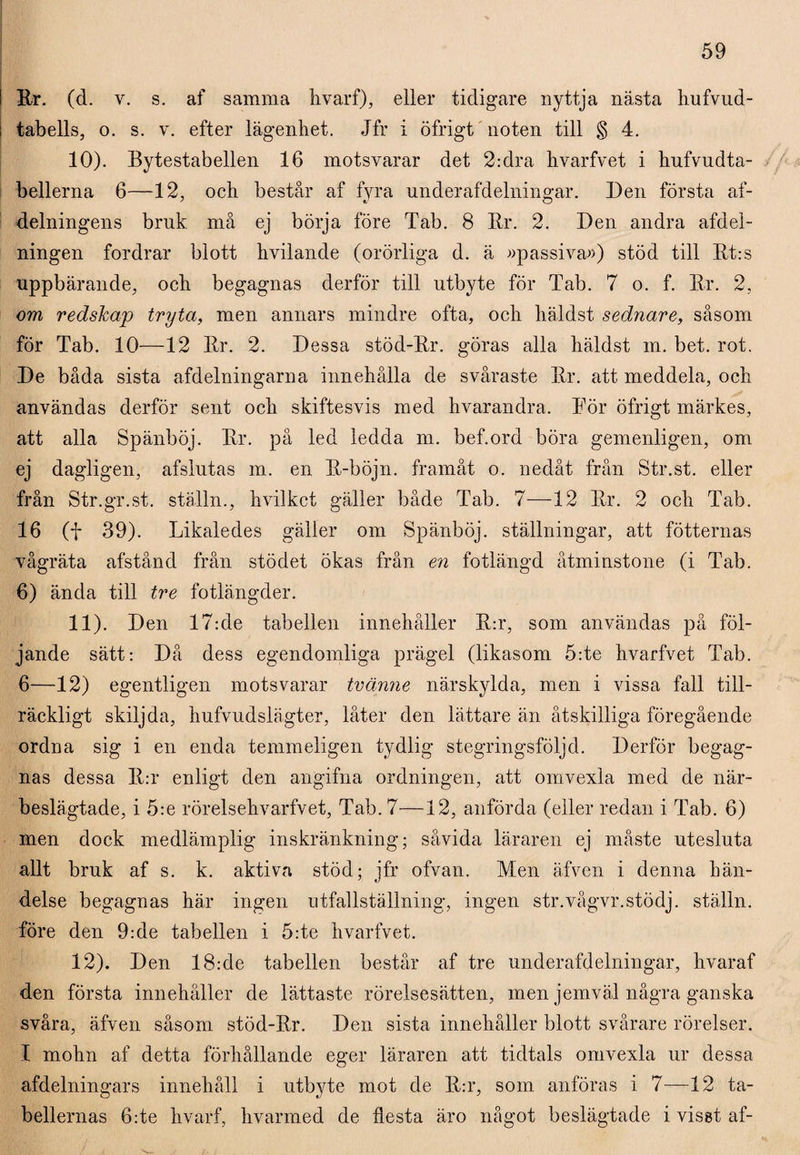 Rr. (d. v. s. af samma hvarf), eller tidigare nyttja nästa hufvud- tabells, o. s. v. efter lägenhet. Jfr i öfrigt noten till § 4. 10) . Bytestabellen 16 motsvarar det 2:dra hvarfvet i hufvudta- bellerna 6—12, och består af fyra underafdelningar. Den första af- delningens bruk må ej börja före Tab. 8 Rr. 2. Den andra afdel- ningen fordrar blott hvilande (orörliga d. ä »passiva») stöd till Rt:s uppbärande, och begagnas derför till utbyte för Tab. 7 o. f. Rr. 2, om redskap tryta, men annars mindre ofta, och häldst sednare, såsom för Tab. 10—12 Rr. 2. Dessa stöd-Rr. göras alla häldst m. bet. rot. De båda sista afdelningarna innehålla de svåraste Rr. att meddela, och användas derför sent och skiftesvis med hvarandra. För öfrigt märkes, att alla Spänböj. Rr. på led ledda m. bef.ord böra gemenligen, om ej dagligen, afslutas m. en R-böjn. framåt o. nedåt från Str.st. eller från Str.gr.st. ställn., hvilkct gäller både Tab. 7—12 Rr. 2 och Tab. 16 (i 39). Likaledes gäller om Spänböj. ställningar, att fotternas vågräta afstånd från stödet ökas från en fotlängd åtminstone (i Tab. 6) ända till tre fotlängder. 11) . Den 17:de tabellen innehåller R:r, som användas på föl¬ jande sätt: Då dess egendomliga prägel (likasom 5:te hvarfvet Tab. 6—12) egentligen motsvarar tvänne närskylda, men i vissa fall till¬ räckligt skilj da, hufvudslägter, låter den lättare än åtskilliga föregående ordna sig i en enda teiumeligen tydlig stegringsföljd. Derför begag¬ nas dessa R:r enligt den angifna ordningen, att omvexla med de när- beslägtade, i 5:e rörelsehvarfvet, Tab. 7—12, anförda (eller redan i Tab. 6) men dock medlämplig inskränkning; såvida läraren ej måste utesluta allt bruk af s. k. aktiva stöd; jfr ofvan. Men äfven i denna hän¬ delse begagnas här ingen utfallställning, ingen str.vågvr.stödj. ställn. före den 9:de tabellen i 5:te hvarfvet. 12) . Den 18:de tabellen består af tre underafdelningar, hvaraf den första innehåller de lättaste rörelsesätten, men jemväl några ganska svåra, äfven såsom stöd-Rr. Den sista innehåller blott svårare rörelser. I mohn af detta förhållande eger läraren att tidtals omvexla ur dessa afdelningars innehåll i utbyte mot de R:r, som anföras i 7—12 ta¬ bellernas 6:te hvarf, hvarmed de flesta äro något beslägtade i viset af-