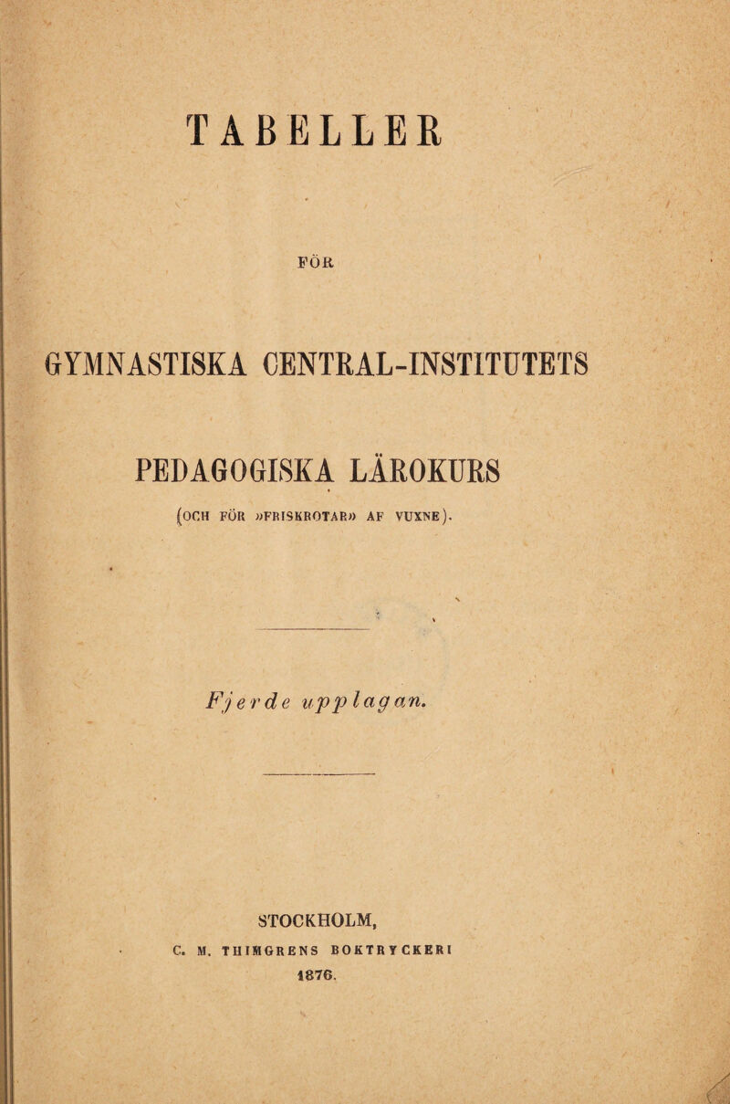 TABELLER FÖR GYMNASTISKA CENTRAL-INSTITUTETS PEDAGOGISKA LÄROKURS (och för »friskrotar» af vuxne). Fjerde upplagan. STOCKHOLM, C. M. THIMGRENS BOKTRYCKERI 1876.