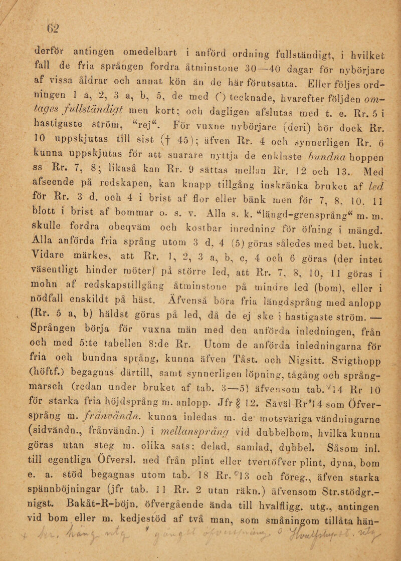 derför antingen omedelbart i anförd ordning fullständigt, i hvilkefc fall de fria sprången fordra åtminstone 30—40 dagar för nybörjare af vissa åldrar och annat kön än de här förutsatta. Eller följes ord¬ ningen 1 a, 2, o a, b, 5, de med ( ) tecknade, hvarefter följden om- tages fullständigt men kort; och dagligen afslutas med t. e. Rr. 5 i hastigaste ström, “rej“. För vuxne nybörjare (deri) bör dock Rr. Ib uppskjutas till sist (y 45); äfven Rr. 4 ocli synnerligen Rr. 6 kunna uppskjutas för att snarare nyttja de enklaste bundna hoppen ss Rr. 7, 8; likaså kan Rr. 9 sättas mellan Rr. 12 och 13. Med afseende på redskapen, kan knapp tillgång inskränka bruket af led, för Rr. 3 d. och 4 i brist af flor eller bänk men för 7, 8, 10. 11 blott i brist af bommar o. s. v. Alla s. k. Mängd-grensprång“ m. m. skulle fordra obeqväm och kostbar inredning för öfning i mängd. Alla anförda fria språng utom 3 d, 4 (5) göras således med bet. luck. Vidare märkes, att Rr. ], 2, 3 a, b, c, 4 och 6 göras (der intet väsentligt hinder möter) på större led, att Rr. 7. 8, 10, 11 göras i mohn af redskapstillgang åtminstone på mindre led (bom), eller i nödfall enskildt på häst. Äfvenså böra fria längdsprång med anlopp (Rr. 5 a, b) häldst göras pa led, då de ej ske i hastigaste ström. — Sprången börja för vuxna män med den anförda inledningen, från och med 5:te tabellen 8:de Rr. Utom de anförda inledningarna för fiia och bundna språng, kunna äfven Tåst. och Nigsitt. Svigthopp (hö f t fl.) begagnas därtill, samt synnerligen löpning, tågång och språng¬ marsch (redan under bruket af tab. 3—5} äfvensom tab.v14 Rr 10 för starka fria höjdsprång m. anlopp. Jfr § 12. Säväl Rr*l 4 som Öfver- språng m. franvändn. kunna inledas m. de motsvariga vändningarne (sidvändn., frånvändn.) i mellansprdng vid dubbelbom, hvilka kunna göras utan steg m. olika sats: delad, samlad, dubbel. Såsom inl. till egentliga Öfversl. ned från plint eller tvertöfver plint, dyna, bom e. a. stöd begagnas utom tab. 18 Rr. °\ 3 och föreg., äfven starka spännböjningar (jfr tab. 1 1 Rr. 2 utan räkn.) äfvensom Str.stödgr.- nigst. Bakåt-R-böjn. öfvergående ända till hvalfligg. utg., antingen vid bom eller m. kedjestöd af två man, som småningom tillåta hän-