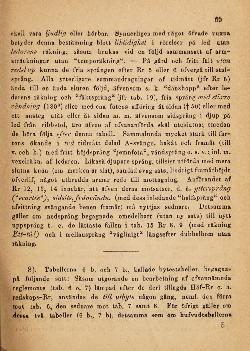 skall vara Ijvdlig eller körbar. Synnerligen med något öfv&de vuxna betyder denna bestämning blott liktidighet i rörelser pä led utan ledarens räkning, såsom brukas vid en följd sammansatt af arm- sträckningar utan “temporäkning“. — På gård och fritt fält ytan redskap kunna de fria sprången efter Kr 5 eller 6 öfvergå till staf- språng. Alla ytterligare sammandragningar af tidmått (jfr Rr 6) ända till en ända sluten följd, äfvensom s. k. adanshopp4< efter le¬ darens räkning och “fäktsprångw (jfr tab. 19), fria språng med större vändning (180°) eller med ena fotens afforing åt sidan (f 50) eller med ett ansteg utåt eller åt sidan m. m. äfvensom sidspräng i djup på led från ribbstol, äro äfven af ofvananförda skäl uteslutna; emedan de böra följa efter denna tabell. Sammalunda mycket stark till far¬ tens ökande i två tidmått delad A-svängn. bakåt och framåt (till v. och h.) med fritt höjdsprång “jemnfota“, vändsprång o. s. v.; inl. m. vexelräkn. af ledaren. Likaså djupare språng, tillsist utförda med mera slutna knän (om marken är slät), samlad svag sats, lindrigt framåtböjdt öfverlif, något utbredda armar redo till mottagning. Anförandet af Kr 12, 13, 14 innebär, att äfven deras motsatser, d. ä. yttersprång (“ecartée“)y sidsitSjfrånvändn. (med dess inledande ahalfspräng“ och afsittning svängande benen framåt) må nyttjas sednare. Detsamma gäller om nedsprång begagnade omedelbart (utan ny sats) till nytt uppsprång t. e. de lättaste fallen i tab. 15 Kr 8. 9 (med räkning Ett-tu!) och i mellansprång Mvåglinigta längsefter dubbelbom utan räkning. 8). Tabellerna 6 b. och 7 b., kallade bytestabeller, begagnas på följande sätt: Såsom utgörande en bearbetning af ofvannämnda reglemente (tab. 6 o. 7) lämpad efter de deri tillagda Häf-Rr o. a. redskaps-Kr, användas de till utbyte någon gång, neml. den förra mot tab. 6, den sednare mot tab. 7 samt 8. För öfrigt gäller om dessa två tabeller (6 b.. 7 b), detsamma som om hufvudtabellerna : b