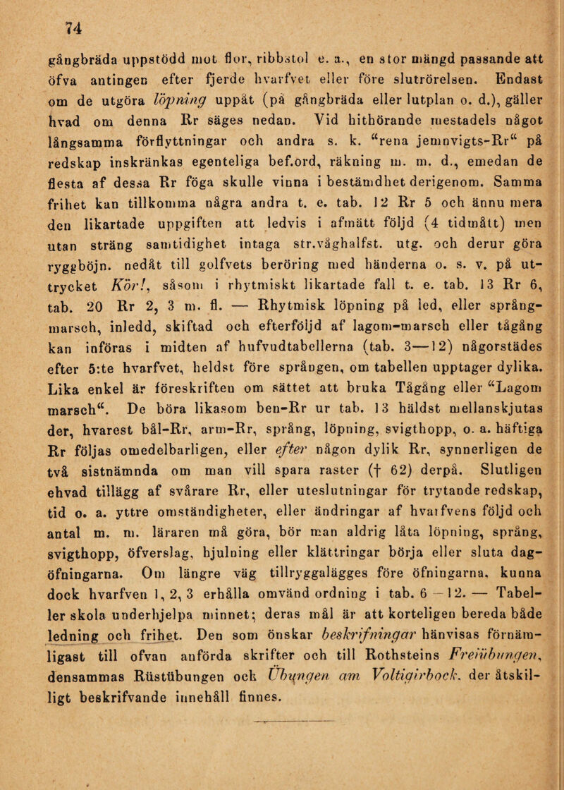 gångbräda uppstödd mot flor, ribbatol e. a., en stor mängd passande att öfva antingen efter fjerde hvarfvet eiler före slutrörelsen. Endast om de utgöra löpning uppåt (pä gångbräda eller lutplan o. d.), gäller hvad om denna Rr säges nedan. Vid hithörande mestadels något långsamma förflyttningar och andra s. k. “rena jemnvigts-Rr“ på redskap inskränkas egenteliga bef.ord, räkning m. m. d., emedan de flesta af dessa Rr föga skulle vinna i bestämdhet derigenom. Samma frihet kan tillkomma några andra t. e. tab. 12 Rr 5 och ännu mera den likartade uppgiften att ledvis i afinätt följd (4 tidmått) men utan sträng samtidighet intaga str.våghalfst. utg. och derur göra ryggböjn. nedåt till golfvets beröring med händerna o. s. v. på ut¬ trycket Kör!, såsom i rhytmiskt likartade fall t. e. tab. 13 Rr 6, tab. 20 Rr 2, 3 m. fl. — Rhytmisk löpning på led, eller språng¬ marsch, inledd, skiftad och efterföijd af lagom-marsch eller tågång kan införas i midten af hufvudtabellerna (tab. 3—12) någorstädes efter 5:te hvarfvet, heldst före sprången, om tabellen upptager dylika. Lika enkel är föreskriften om sättet att bruka Tågång eller “Lagom marsch“. De böra likasom ben-Rr ur tab. 13 häldst mellanskjutas der, hvarest bål-Rr, arm-Rr, språng, löpning, svigthopp, o. a. häftiga Rr följas omedelbarligen, eller efter någon dylik Rr, synnerligen de två sistnämnda om man vill spara raster (f 62) derpå. Slutligen ehvad tillägg af svårare Rr, eller uteslutningar för trytande redskap, tid o. a. yttre omständigheter, eller ändringar af hvaifvens följd och antal m. m. läraren må göra, bör man aldrig låta löpning, språng, svigthopp, öfverslag, hjulning eller klättringar börja eller sluta dag- öfningarna. Om längre väg tillryggalägges före öfningarna, kunna dock hvarfven 1, 2, 3 erhålla omvänd ordning i tab. 6—12. — Tabel¬ ler skola underhjelpa minnet; deras mål är att korteligen bereda både ledning och frihet. Den som önskar beskrifningar hänvisas förnäm¬ ligast till ofvan anförda skrifter och till Rothsteins Freivbungen, densammas Riisttibungen och Ubgngen am Voltigirbock. der åtskil¬ ligt beskrifvande innehåll finnes.