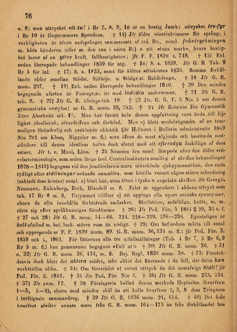 o. 8; men uttrycket ell-lu! i Rr 7, 8, 9, 10 iir en hastig Jamb; uttrycket tre-fyr i Rr 10 är långsammare Spondeus. f H) Jfr äldre »iMstrnk»ioner» för språng; i verkligheten är äfven nedsprånget sammansatt af två Rr., neml. frånlryckningen m. bada händerna (eller m. den ena i nästa Ri) o att »taga mark», hvars hastig¬ het beror af en yttre kraft, fallhastigheten; jfr F. F. 1820 s. 718. F lä) Knl. nedan åberopade behandlingar 3 839 för utg. F 10 j 8. s. 1839. Jtr G. R lab. 9 Rr 5 för inl. t 17) S. s. 1833, samt för äldres »friskrole» 1835. Samma förhål¬ lande råder emellan Stödst. Sidböjn. o. Stödgr.st. Bakatdragn. F 18 Jli G. R. mom. 297. f 19) Enl. nedan åberopade behandlingar 18 i0. f 20 Den mindre begagnade afarten är Famngr.sl. (e) med lodräta underarmar. ^ 21 Jfi G. R. tab. 9. F 22) Jfr G. R. öfnings-tab. 10. f 23 Jfr. G. G. F. 5 N:o ä om denna gymnastiska evstylos! se G. R. mom. 39, 282. *j* 2» Jfr Rotsfein Die Gymnastik 3:ter Abscbnitt sid. lf>. Man har funnit hela denna uppfattning vara ända till löj¬ lighet idealistisk, öfverdrifven och förfelad. Men ej blott medel vägsmän af en tem- meligen föränderlig och vacklande eklektik (jfr Hillairet i Bulletin administrativ 18<>9 N.'o 201 om Kloss, Niggeler m. 11.) utan äfven d.e mest afgjorda och bestämda mot¬ ståndare till denna idealism hafva dock slutat med att eftersäga åtskilliga af dess satser. Jfr t. e. Maul, Lion. F 25 Namnen äro neml lämpade efter den äldre rö¬ relseterminologi», som sedan länge (enl. Centralinstitutets samling af skrifna behandlingar 1828 —18'i5) begagnas vid den jemförelsevis mera utvecklade sjukgymnastiken, den enda tjdligt efter ställningar ordnade namnlära. som hittills vunnit någon större utbredning (oaktadt dess brister) neml. ej blott här, utan äfven i tyska o. engelska skrifter. Jtr Georgii» Neumann, Eulcnburg, Roth, Blundell m. fl. Felet är uppenbart i sadaua uttryck som tab. 17 Rr 8 m. fl. Utrymmet tillåter ej att upptaga alla nyare svenska synonymer, ehuru de ofta innehålla förbättrade småsaker. Skrit sätten, sadelbnge, knala, m. m. rätta sig efter språkkunniges föredömme- F 20) Jfr Red. För. ä 1801 § 29, 35 o. f. F 27 och 28) Jfr G. R. mom. 54—00, 214. 218-229, 230—238. Egenteligen är helt afstånd m. bet. luck. större rum än nödigt. F 29) Om bef ordens måtta till antal och upprepande se F. F. 1820 mom. 89. G. R. mom. 30, 131 m. fl.f jfr Ped. För. 3, 1859 och 5, 1861. För fotternas alla tre utfallställningar (Tab. 4 Rr 7, 5 Rr 0,9 Rr 5 m. fl.) kan gemensamt begagnas »Fall ut!» F 30) Jfr G. R. mom. 30. F31 o. 32) Jfr G. R. mom. 30, 134, m. fl. Baj. Regi. 1830 mom. 38. F 33) Företrä¬ desvis doek blott det akliva stödet, icke alltid det fixerande i de fall, där detta kan verkställas olika. F 34) Om företrädet af annat uttryck än det enstafviga SläU! jfr Ped. För. 5. 1861. f 35 Jfr Ped. För. Nto 5. F 30) Jfr G. R. mom. 233, 234. F 37) Jfr anm. 12. f 38 Förslagsvis kallad denna methods Ileptatlon (hvarfven 1—3, 5 — 8), ehuru med mindre skäl än att kalla hvarfven 2, 3, 8 dess Triagmos i torftigaste sammandrag, 39 Jfr G. R. 1830 mom. 24, 434. F 40) Det 4:de hvarfvet afviker annars mera från G. R. mom. 104 — lv5 än från förhållandet hos