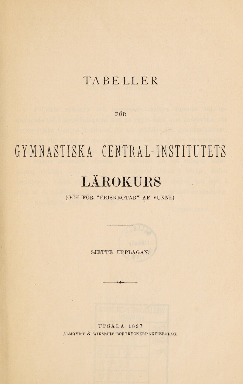 TABELLER FOR GYMNASTISKA CENTRAHNSTITUTETS LÄROKURS (OCH FÖR “FRISKROTAR“ AF YUXNE) SJETTE UPPLAGAN. ♦4- UPS AL A 1897 ALMQVIST & WIKSKLLS BOKTRYCKERI-AKTIEBOLAö.