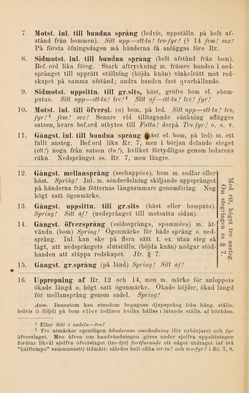 stånd från bommen). Sitt upp—ett-tu! tre-fyr/ (f 14 fem! sex! På första öfningsdagen må händerna få anläggas före Pr. 8. Sidrnotst. inl. till bundna språng (helt afstånd från bom). Bef.-ord lika föreg. Stark aftryckning m. främre handen i ned- språnget till upprätt ställning (böjda knän) vinkelrätt mot red¬ skapet på samma afstånd; andra handen fast qvarhållande. 9. Sidrnotst. iippsittn. till gr.sits, häst, gröfre bom el. »bom- puta». Sitt upp—ett-tu! tre!1 Sitt af—ett-tu! tre! fyr! 10. Motst. inl. till öfversl. (a) bom, på led. Sitt upp—ett-tu! tre, fyr!2 fem! sex! Senare vid tilltagande sänkning aflägges satsen, hvars bef.ord utbytes till Fatta! derpå Tre-fyr! o. s. v. 11. (Pingst, inl. till bundna språng §iäst el. bom, på led) m. ett fullt ansteg. Bef.ord lika Pr. 7, men i början delande steget (ett!) noga från satsen (tu!), hvilket förtydligas genom ledarens räkn. Nedsprånget ss. Pr. 7, men längre. 12. 13. 14. 15. 16. (Pingst. 131(4 San språ ng (»echappée»), bom m. sadlar eller häst. Spritig! Inl. m. sönderdelning skiljande uppsprånget på händerna från fotternas långsammare genomföring. Nog högt satt ögonmärke. (Pingst, uppsittn. till gr.sits (häst eller bomputa). Spring! Sitt af! (nedsprånget till motsatta sidan). Gångst. öfversprång (»sidosprång», »pommée») m. åt- vändn. (bom) Spring! Ögonmärke för både språng o. ned- språng. Inl. kan ske på flera sätt t. ex. utan steg så lågt, att nedsprångets slutställn. (böjda knän) nödgar stöd¬ handen att släppa redskapet. Jfr. § 7. O CD P4 CD Ul C“b 'T+- CD crq t—« 1—- • O: £3 cro w CD c*- h—1 CD CD C£)0 ö 02 Ct“ CD Cfq Gångst. gr.språng (på länd) Spring! Sitt af! Upprepning af Pr. 12 och 14, men m. märke för anloppets ökade längd o. högt satt ögonmärke. Ökade höjder, ökad längd för mellansprång genom sadel. Spring! Anm. Dessutom kan stundom begagnas djupsprång från liäng. ställn. ledvis (i följd) på bom eller lodlinor livilka hållas i lutande stålln. af biträden. 1 Eller Sitt i sadeln—tre! 2 Tre utmärker egentligen händernas omvändning (för nybörjare) och fyr öfverslaget. Men äfven om handvändningen göres under sjelfva uppsittningen fordrar likväl sjelfva öfverslaget (tre-fyr) fortfarande ett något utdraget (af två “halftempo sammansatt) tidmått: således helt olika ett-tu! och tre-fyr! i Ur. 7, 8.