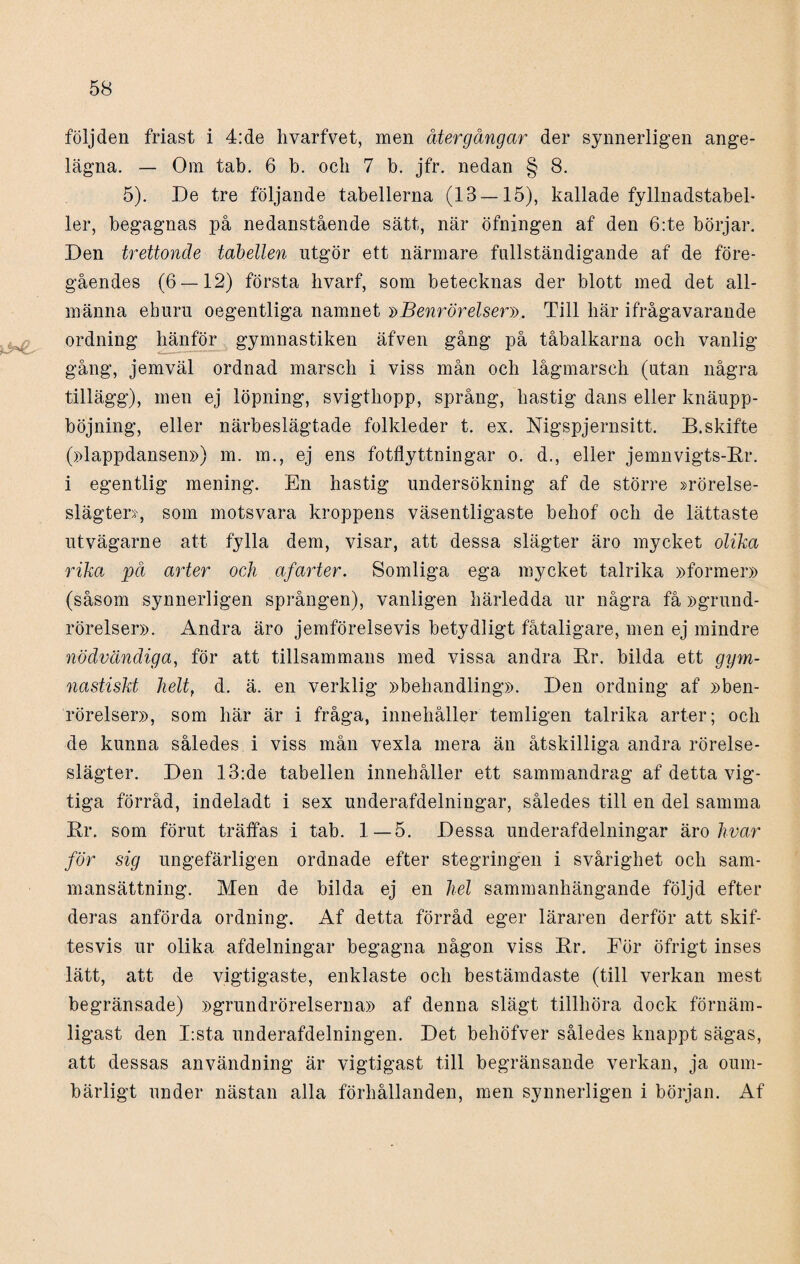 följden friast i 4:de hvarfvet, men återgångar der synnerligen ange¬ lägna. — Om tab. 6 b. och 7 b. jfr. nedan § 8. 5). De tre följande tabellerna (13 — 15), kallade fyllnadstabel- ler, begagnas på nedanstående sätt, när öfningen af den 6:te börjar. Den trettonde tabellen ntgör ett närmare fullständigande af de före¬ gåendes (6 — 12) första hvarf, som betecknas der blott med det all¬ männa ehuru oegentliga namnet »Benrörelsen». Till här ifrågavarande ordning hänför gymnastiken äfven gång på tåbalkarna och vanlig gång, jemväl ordnad marsch i viss mån och lågmarsch (utan några tillägg), men ej löpning, svigthopp, språng, hastig dans eller knäupp- böjning, eller närbeslägtade folkleder t. ex. Eigspjernsitt. B.skifte (»lappdansen») m. m., ej ens fotflyttningar o. d., eller jemnvigts-Br. i egentlig mening. En hastig undersökning af de större »rörelse- slägter», som motsvara kroppens väsentligaste behof och de lättaste utvägarne att fylla dem, visar, att dessa slägter äro mycket olika rika på arter och afarter. Somliga ega mycket talrika »former» (såsom synnerligen sprången), vanligen härledda ur några få »grund¬ rörelser». Andra äro jemförelsevis betydligt fåtaligare, men ej mindre •nödvändiga, för att tillsammans med vissa andra Er. bilda ett gym¬ nastiskt heltr d. ä. en verklig »behandling». Den ordning af »ben¬ rörelser», som här är i fråga, innehåller temligen talrika arter; och de kunna således i viss mån vexla mera än åtskilliga andra rörelse- slägter. Den 13:de tabellen innehåller ett sammandrag af detta vig¬ tiga förråd, indeladt i sex underafdelningar, således till en del samma Er. som förut träffas i tab. 1—5. Dessa underafdelningar äro hvar för sig ungefärligen ordnade efter stegringen i svårighet och sam¬ mansättning. Men de bilda ej en hel sammanhängande följd efter deras anförda ordning. Af detta förråd eger läraren derför att skif¬ tesvis ur olika afdelningar begagna någon viss Er. Eör öfrigt inses lätt, att de vigtigaste, enklaste och bestämdaste (till verkan mest begränsade) »grundrörelserna» af denna slägt tillhöra dock förnäm¬ ligast den I:sta underafdelningen. Det behöfver således knappt sägas, att dessas användning är vigtigast till begränsande verkan, ja oum¬ bärligt under nästan alla förhållanden, men synnerligen i början. Af