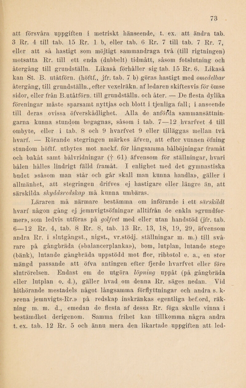 att försvåra uppgiften i metriskt hänseende, t. ex. att ändra tab. 3 Rr. 4 till tab. 15 Er. 1 b, eller tab. 6 Rr. 7 till tab. 7 Rr. 7, eller att så hastigt som möjtigt sammandraga två (till rigtningen) motsatta Rr. till ett enda (dubbelt) tidmått, såsom fotslutning och återgång till grundställn. Likaså förhåller sig tab. 15 Rr. 6. Likaså kan St. B. utåtförn. (höftf., jfr. tab. 7 b) göras hastigt med omedelbar återgång, till grundställn., efter vexelräkn. af ledaren skiftesvis för ömse sidor, eller från B.utåtförn. till grundställn. och åter. — Be flesta dylika föreningar måste sparsamt nyttjas och blott i tjenliga fall; i anseende till deras ovissa öfverskådlighet. Alla de anförda sammansättnin¬ garna kunna stundom begagnas, såsom i tab. 7—12 hvarfvet 4 till ombyte, eller i tab. 8 och 9 hvarfvet 9 eller tilläggas mellan två hvarf. — Rörande stegringen märkes äfven, att efter vunnen öfning stundom höftf. utbytes mot nackf. för långsamma bålböjningar framåt och bakåt samt bålvridningar (f 61) äfvensom för ställningar, hvari bålen hålles lindrigt fälld framåt. I enlighet med det gymnastiska budet »såsom man står och går skall man kunna handla», gäller i allmänhet, att stegringen drifves ej hastigare eller längre än, att särskilda skyddsredskap må kunna umbäras. Läraren må närmare bestämma om införande i ett särskildt hvarf någon gång ej jemnvigtsöfningar alltifrån de enkla »grundfor¬ mer», som ledvis utföras på golfvet med eller utan handstöd (jfr. tab. 6—12 Rr. 4, tab. 8 Rr. 8, tab. 13 Rr. 13, 18, 19, 29, äfvensom andra Rr. i slutgångst., nigst., vr.stödj. ställningar m. m.) till svå¬ rare på gångbräda (»balancerplanka»), bom, lutplan, lutande stege (bänk), lutande gångbräda uppstödd mot flor, ribbstol e. a., en stor mängd passande att öfva antingen efter fjerde hvarfvet eller före slutrörelsen. Endast om de utgöra löpning uppåt (på gångbräda eller lutplan o. d.), gäller livad om denna Rr. säges nedan. Yid hithörande mestadels något långsamma förflyttningar och andra s. k- »rena jemnvigts-Rr.» på redskap inskränkas egentliga bef.ord, räk¬ ning m. m. d., emedan de flesta af dessa Rr. föga skulle vinna i bestämdhet derigenom. Samma frihet kan tillkomma några andra t. ex. tab. 12 Rr. 5 och ännu mera den likartade uppgiften att led-