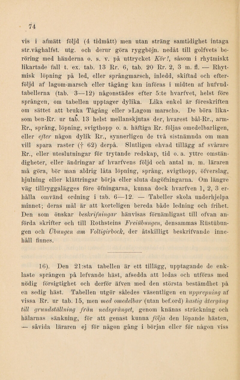 vis i afmätt följd (4 tidmått) men utan sträng samtidighet intaga str.våghalfst. utg. och derur göra ryggböjn. nedåt till golfvets be¬ röring med händerna o. s. v. på uttrycket Kör!, såsom i rhytmiskt likartade fall t. ex. tab. 13 Rr. 6, tab. 20 Rr. 2, 3 m. fl. — Rhyt- misk löpning på led, eller språngmarsch, inledd, skiftad och efter¬ följd af lagom-marsch eller tågång kan införas i midten af hufvud- tabellerna (tab. 3—12) någonstädes efter 5:te hvarfvet, helst före sprången, om tabellen upptager dylika. Lika enkel är föreskriften om sättet att bruka Tågång eller »Lagom marsch». De böra lika- o som ben-Rr. ur tab. 13 helst mellanskjutas der, hvarest bål-Rr., arm- Rr., språng, löpning, svigthopp o. a. häftiga Rr. följas omedelbarligen, eller efter någon dylik Rr., synnerligen de två sistnämnda om man vill spara raster (f 62) derpå. Slutligen ehvad tillägg af svårare Rr., eller uteslutningar för trytande redskap, tid o. a. yttre omstän¬ digheter, eller ändringar af hvarfvens följd och antal m. m. läraren må göra, bör man aldrig låta löpning, språng, svigthopp, öfverslag, hjulning eller klättringar börja eller sluta dagöfningarna. Om längre väg tillryggalägges före öfningarna, kunna dock hvarfven 1, 2, 3 er¬ hålla omvänd ordning i tab. 6—12. — Tabeller skola underhjelpa minnet; deras mål är att korteligen bereda både ledning och frihet. Den som önskar beskrifningar hänvisas förnämligast till ofvan an¬ förda skrifter och till Rothsteins Freiubungen, densammas Riistiibun- gen och Ubungen am Voltigirbock, der åtskilligt beskrifvande inne¬ håll finnes. 16). Den 21:sta tabellen är ett tillägg, upptagande de enk¬ laste sprången på lefvande häst, afsedda att ledas och utföras med nödig försigtighet och derför äfven med den största bestämdhet på en sedig häst. Tabellen utgör således väsentligen en upprepning af vissa Rr. ur tab. 15, men med omedelbar (utan bef.ord) hastig återgång till grundställning från nedsprånget, genom knänas sträckning och hälarnas sänkning, för att genast kunna följa den löpande hästen, såvida läraren ej för någon gång i början eller för någon viss