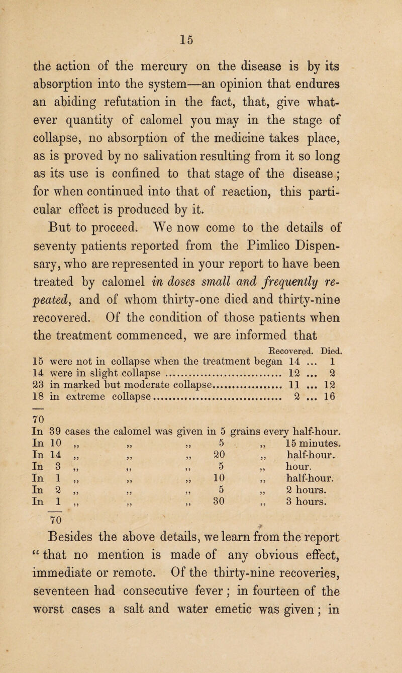 the action of the mercury on the disease is by its absorption into the system—an opinion that endures an abiding refutation in the fact, that, give what¬ ever quantity of calomel you may in the stage of collapse, no absorption of the medicine takes place, as is proved by no salivation resulting from it so long as its use is confined to that stage of the disease; for when continued into that of reaction, this parti¬ cular effect is produced by it. But to proceed. We now come to the details of seventy patients reported from the Pimlico Dispen¬ sary, who are represented in your report to have been treated by calomel in doses small and frequently re¬ peated, and of whom thirty-one died and thirty-nine recovered. Of the condition of those patients when the treatment commenced, we are informed that Eecovered. Died. 15 were not in collapse when the treatment began 14 ... 1 14 were in slight collapse . .. 12 ... 2 23 in marked but moderate collapse. .. 11 ... 12 18 in extreme collapse. .. 2 ... 16 70 In 39 cases the calomel was given in 5 grains every half-hour. In 10 55 5 5 5 5 5 15 minutes. In 14 55 5 5 5 5 so half-hour. In 3 55 5 5 5 5 5 hour. In 1 55 5 5 5 5 10 half-hour. In 2 55 5 5 5 5 5 2 hours. In 1 55 5 5 5 5 30 3 hours. 70 Besides the above details, we learn from the report “ that no mention is made of any obvious effect, immediate or remote. Of the thirty-nine recoveries, seventeen had consecutive fever; in fourteen of the worst cases a salt and water emetic was given; in