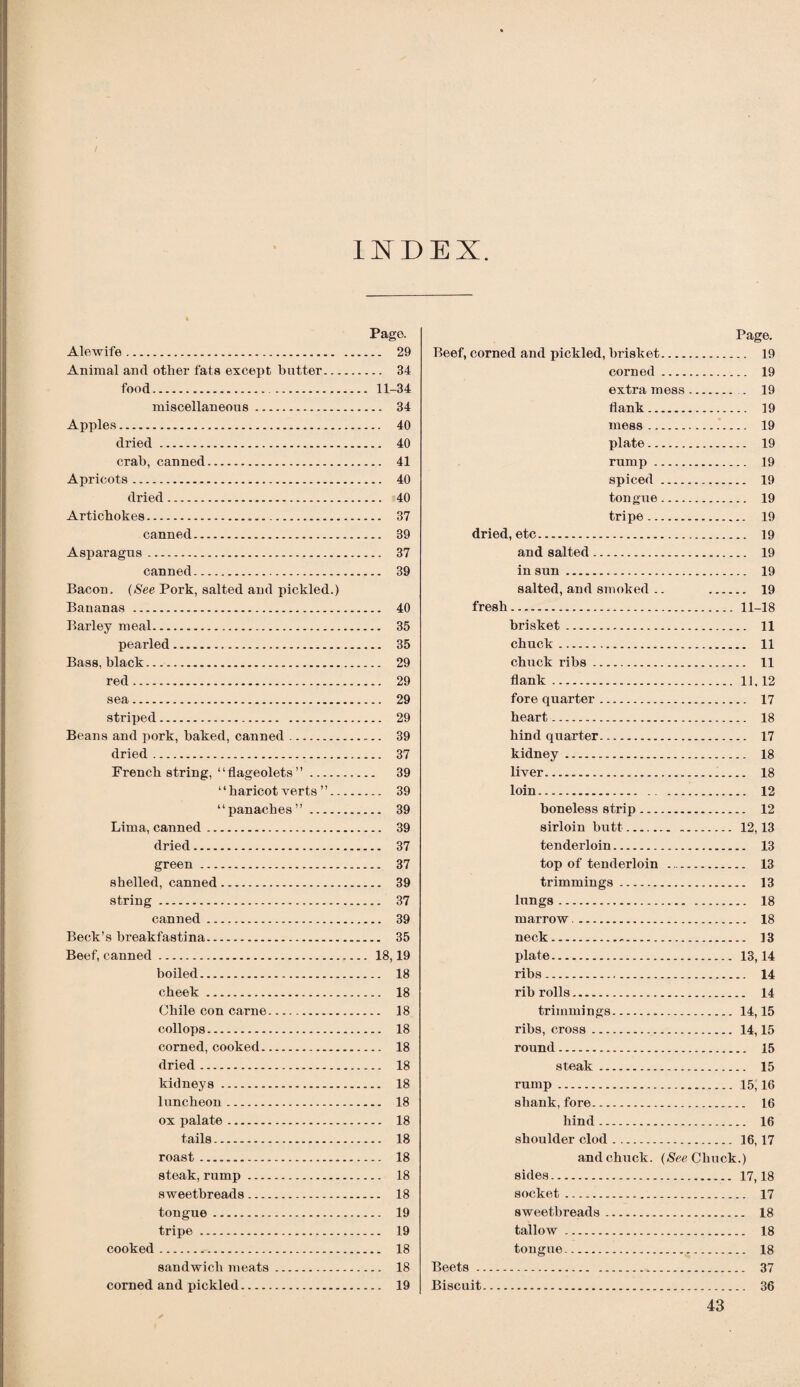 INDEX Pago. Alewife. 29 Animal and other fats except batter. 34 food. 11-34 miscellaneous. 34 Apples. 40 dried. 40 crab, canned. 41 Apricots. 40 dried. 40 Artichokes. 37 canned. 39 Asparagus. 37 canned. 39 Bacon. (See Pork, salted and pickled.) Bananas . 40 Barley meal. 35 pearled. 35 Bass, black. 29 red. 29 sea. 29 striped. 29 Beans and pork, baked, canned. 39 dried. 37 French string, “flageolets”. 39 “haricot verts ”. 39 “panaches”. 39 Lima, canned. 39 dried. 37 green. 37 shelled, canned. 39 string. 37 canned. 39 Beck’s breakfastina. 35 Beef, canned. 18,19 boiled. 18 cheek. 18 Chile con carne. 18 collops. 18 corned, cooked. 18 dried. 18 kidneys. 18 luncheon. 18 ox palate. 18 tails. 18 roast. 18 steak, rump. 18 sweetbreads. 18 tongue. 19 tripe. 19 cooked. 18 sandwich meats. 18 corned and pickled. 19 Page. Beef, corned and pickled, brisket. 19 corned. 19 extra mess. . 19 flank. 19 mess. 19 plate. 19 rump. 19 spiced. 19 tongue. 19 tripe. 19 dried, etc. 19 and salted. 19 in sun. 19 salted, and smoked .. 19 fresh. 11-18 brisket. 11 chuck. 11 chuck ribs. 11 flank. 11.12 fore quarter. 17 heart. 18 hind quarter. 17 kidney. 18 liver. 18 loin. 12 boneless strip. 12 sirloin butt. 12,13 tenderloin. 13 top of tenderloin . .. 13 trimmings. 13 lungs. 18 marrow . 18 neck.-. 13 plate. 13,14 ribs. 14 rib rolls. 14 trimmings.14,15 ribs, cross.14,15 round. 15 steak. 15 rump.15,16 shank, fore. 16 hind. 16 shoulder clod. 16,17 and chuck. (See Chuck.) sides. 17,18 socket. 17 sweetbreads. 18 tallow. 18 tongue. 18 Beets. 37 Biscuit. 36