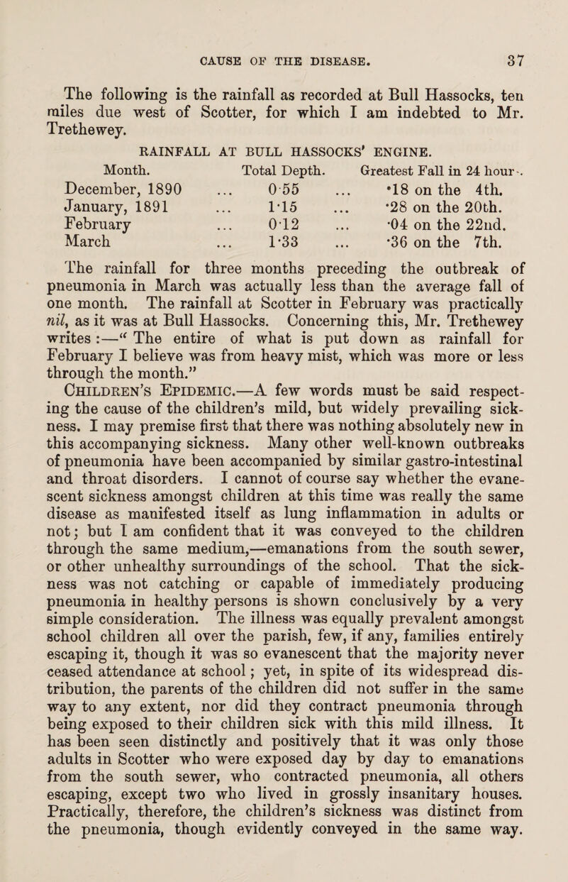 The following is the rainfall as recorded at Bull Hassocks, ten miles due west of Scotter, for which I am indebted to Mr. Trethewey. RAINFALL AT BULL HASSOCKS' ENGINE. Month. December, 1890 January, 1891 February March Total Depth. 0 55 1T5 012 1-33 Greatest Fall in 24 hour . •18 on the 4th. •28 on the 20th. *04 on the 22nd. *36 on the 7th. The rainfall for three months preceding the outbreak of pneumonia in March was actually less than the average fall of one month. The rainfall at Scotter in February was practically nil, as it was at Bull Hassocks. Concerning this, Mr. Trethewey writes :—“ The entire of what is put down as rainfall for February I believe was from heavy mist, which was more or less through the month.” Children’s Epidemic.—A few words must be said respect¬ ing the cause of the children's mild, but widely prevailing sick¬ ness. I may premise first that there was nothing absolutely new in this accompanying sickness. Many other well-known outbreaks of pneumonia have been accompanied by similar gastro-intestinal and throat disorders. I cannot of course say whether the evane¬ scent sickness amongst children at this time was really the same disease as manifested itself as lung inflammation in adults or not; but I am confident that it was conveyed to the children through the same medium,—emanations from the south sewer, or other unhealthy surroundings of the school. That the sick¬ ness was not catching or capable of immediately producing pneumonia in healthy persons is shown conclusively by a very simple consideration. The illness was equally prevalent amongst school children all over the parish, few, if any, families entirely escaping it, though it was so evanescent that the majority never ceased attendance at school; yet, in spite of its widespread dis¬ tribution, the parents of the children did not suffer in the same way to any extent, nor did they contract pneumonia through being exposed to their children sick with this mild illness. It has been seen distinctly and positively that it was only those adults in Scotter who were exposed day by day to emanations from the south sewer, who contracted pneumonia, all others escaping, except two who lived in grossly insanitary houses. Practically, therefore, the children’s sickness was distinct from the pneumonia, though evidently conveyed in the same way.