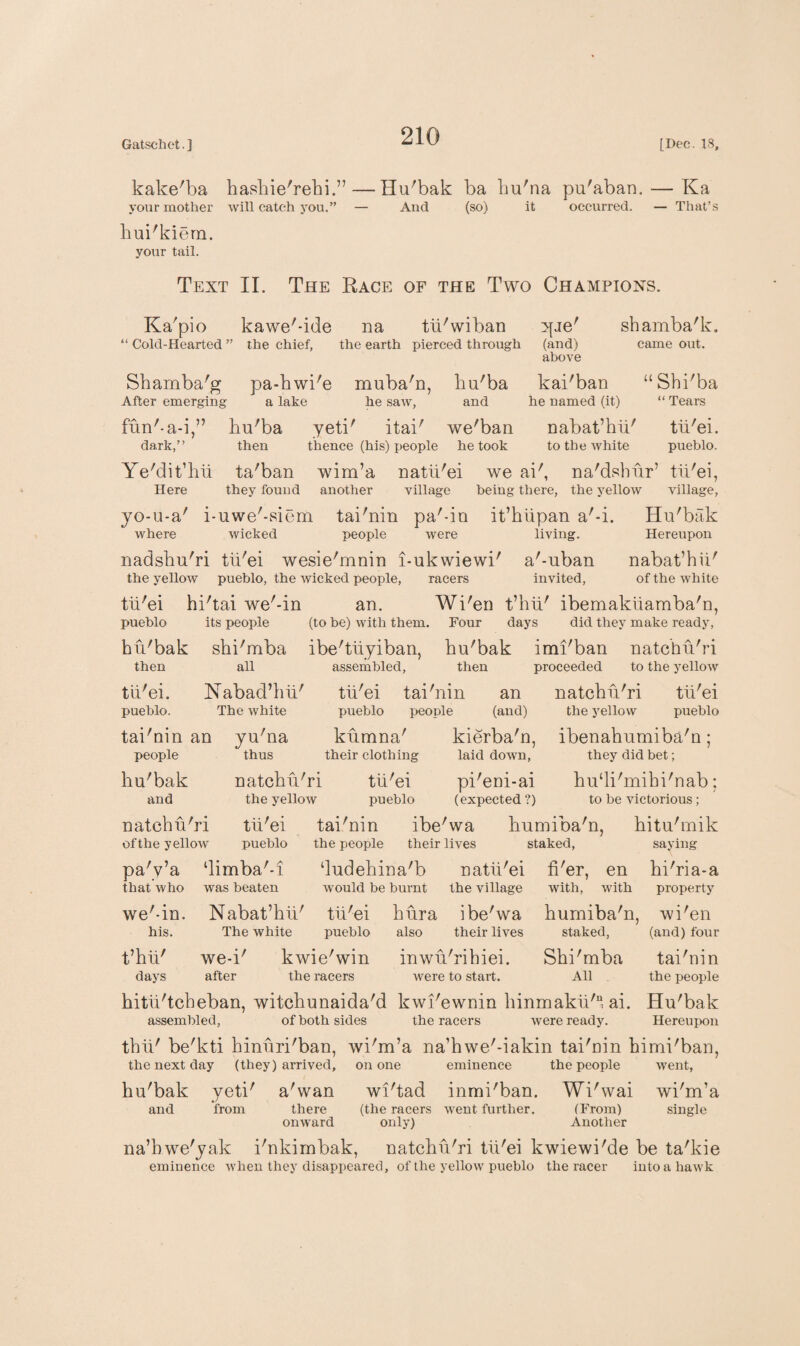 kake'ba hashie'rehi.”—Hu'bak ba hu'na pu'aban.— Ka your mother will catch you.” — And (so) it occurred. — That’s hui'kiern. your tail. Text II. The Race of the Two Champions. Ka'pio kawe'-ide na tii'wiban ^pie' shamba'k, Cold-Hearted ” the chief, the earth pierced through (aud) came out. above kai'ban “Shi'ba he named (it) “ Tears nabat’hii' tii'ei. to the white pueblo. wima natii'ei we ai', na'dsbiir’ tii'ei, another village being there, the yellow village, Shamba'g pa-hwi'e muba'n, hu'ba After emerging a lake he saw, and fun'-a-i,” hu'ba yeti' itai' we'ban dark,” then thence (his) people he took Ye'di t’hii ta'ban Here they found yo-u-a' i-uwe'-siem tai'nin pa'-in it’hiipan a'-i. Hu'bak where wicked people were living. Hereupon nadshu'ri tii'ei wesie'mnin i-ukwiewi' a'-nban nabat’hii' the yellow pueblo, the wicked people, racers invited, of the white tii'ei hi'tai we'-in an. Wi'en t’hii' ibemakiiamba'n, pueblo hii'bak then tii'ei. pueblo. tai'nin an people thus their clothing hu'bak natcbii'ri tii'ei pi'eni-ai the yellow pueblo (expected?) tii'ei tai'nin pueblo the people an. its people (to be) with them. Four days did they make ready, shi'mba ibe'tiiyiban, hu'bak imi'ban natchu'ri all assembled, then proceeded to the yellow Yabad’hii' tii'ei tai'nin an The white yu'na thus natchii'ri tii'ei the yellow pueblo ibenahumiba'n; they did bet; hikli'mibi'nab; to be victorious; ibe'wa humiba'n, bitu'mik their lives staked, saying pueblo people (and) kiimna' kierba'n, laid down, natcbii'ri and natcbii'ri of the yellow ‘limba'-i was beaten Nabat’bii' The white / after the racers were to start. hitii'tcbeban, witchunaida'd kwi'ewnin binmakii'n, ai. Hu'bak assembled, of both sides the racers were ready. Hereupon thii' be'kti hiniiri'ban, wi'm’a na’hwe'-iakin tai'nin bimi'ban, the next day (they) arrived, on one eminence the people went, pa'y’a that who we'-in. his. t’hii' days ‘ludehina'b natii'ei would be burnt the village tii'ei hiira ibe'wa pueblo also their lives we-i' kwie'win inwii'ribiei. fi'er, en hi'ria-a with, with property humiba'n, wi'en staked, (and) four Shi'mba tai'nin All the people 'r wi'tad inmi'ban. Wi'wai hu'bak yeti' a'wan and from there (the racers went further, onward only) (From) Another wi m a single na’hwe'yak i'nkimbak, natchii'ri tii'ei kwiewi'de be ta'kie eminence when they disappeared, of the yellow pueblo the racer into a hawk