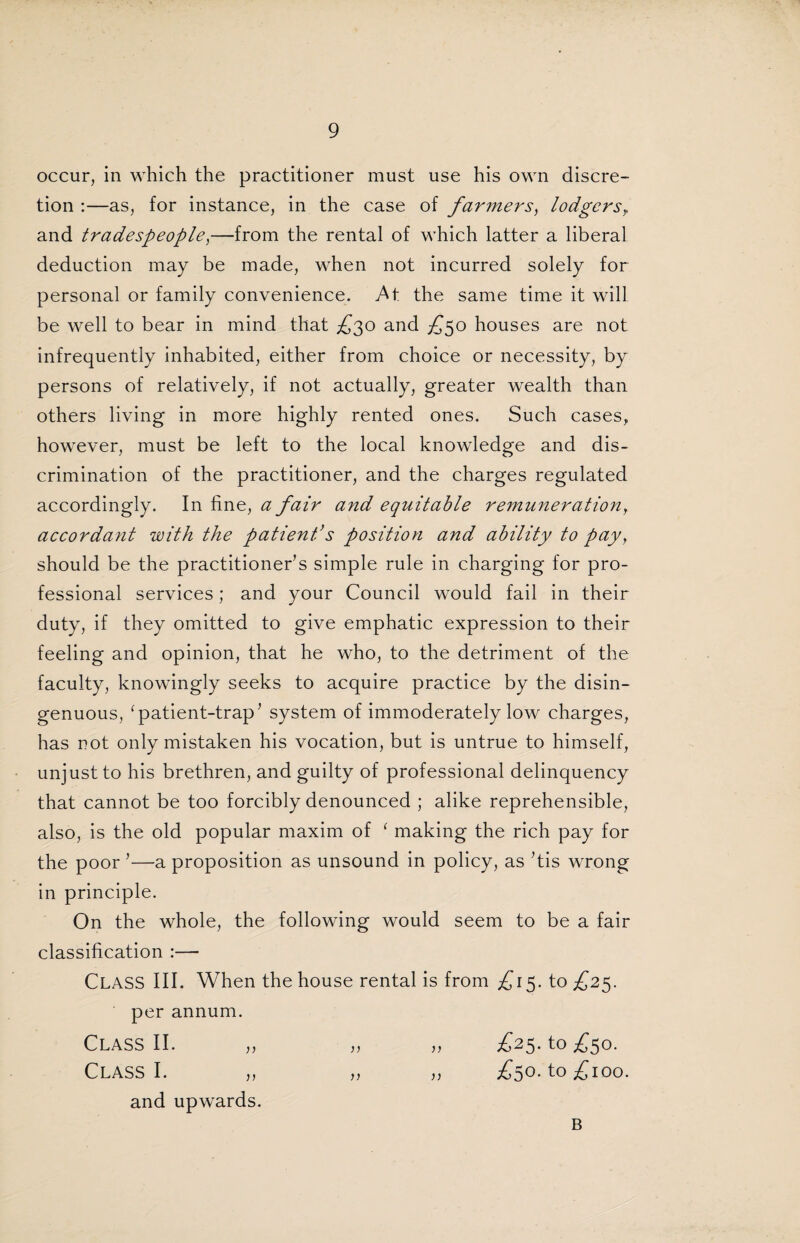 occur, in which the practitioner must use his own discre¬ tion :—as, for instance, in the case of farmers, lodgers,. and tradespeople)—from the rental of which latter a liberal deduction may be made, when not incurred solely for personal or family convenience. At the same time it will be well to bear in mind that £30 and £50 houses are not infrequently inhabited, either from choice or necessity, by persons of relatively, if not actually, greater wealth than others living in more highly rented ones. Such cases, however, must be left to the local knowledge and dis¬ crimination of the practitioner, and the charges regulated accordingly. In fine, a fair and equitable remuneration, accorda?it with the patient’s position and ability to pay, should be the practitioner’s simple rule in charging for pro¬ fessional services; and your Council would fail in their duty, if they omitted to give emphatic expression to their feeling and opinion, that he who, to the detriment of the faculty, knowingly seeks to acquire practice by the disin¬ genuous, (patient-trap’ system of immoderately low charges, has not only mistaken his vocation, but is untrue to himself, unjust to his brethren, and guilty of professional delinquency that cannot be too forcibly denounced ; alike reprehensible, also, is the old popular maxim of ‘ making the rich pay for the poor ’—a proposition as unsound in policy, as ’tis wrong in principle. On the whole, the following would seem to be a fair classification :—• CLASS III. When the house rental is from £15. to £25. per annum. ClassII. „ „ „ £25. to £50. Class I. „ „ „ £5°-to£ioo. and upwards. B