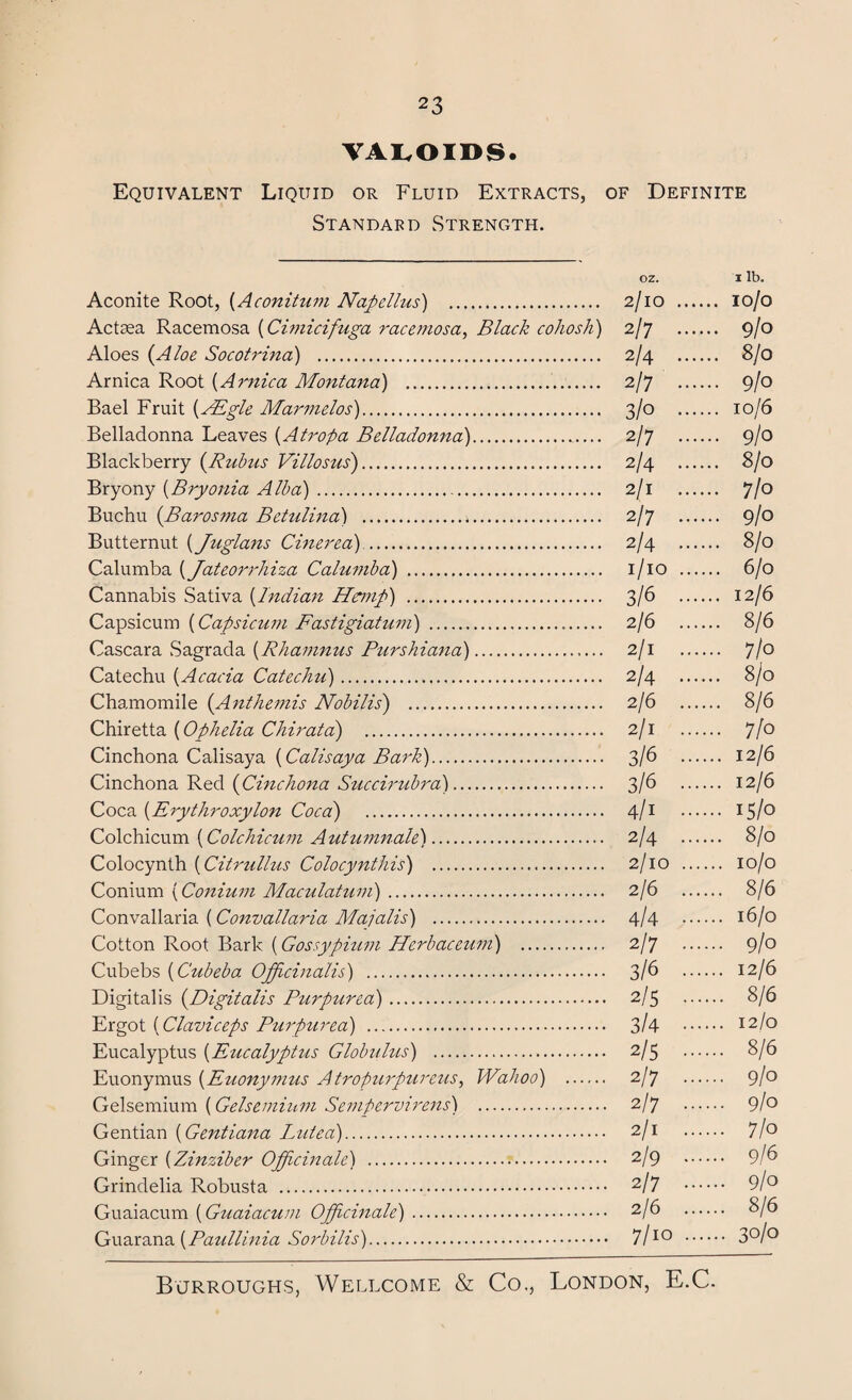 VALOIDS. Equivalent Liquid or Fluid Extracts, of Definite Standard Strength. OZ. Aconite Root, (Aconitum Napellus) . 2/10 Actaea Racemosa (Cimicifuga racemosa, Black cohosh) 2/7 Aloes (Aloe Socotrina) . 2/4 Arnica Root (Arnica Monlana) . 2/7 Bael Fruit (AEgle Marmelos). 3/0 Belladonna Leaves (Atropa Belladonna).. 2/7 Blackberry (Rubus Villosus). 2/4 Bryony (Bryonia Alba). 2/1 Buchu (Baros??za Betulina) . 2/7 Butternut (Juglazzs Cinerea) . 2/4 Calumba (Jateorrhiza Calumba) . 1/10 Cannabis Sativa (Indian Hemp') . )/6 Capsicum (Capsicuzn Fastigiatuvz) . 2/6 Cascara Sagrada (Rhamnus Purshiana). 2/1 Catechu (Acacia Catechu). 2/4 Chamomile (Anthemis Nobilis) . 2/6 Chiretta (Ophelia Chirata) . 2/1 Cinchona Calisaya (Calisaya Bark). 3/6 Cinchona Red (Cinchona Succirubra). 3/6 Coca (Erythroxylon Coca) . 4/1 Colchicum (Colchicum Autumnale). 2/4 Colocynth (Citrullus Colocynthis) . 2/10 Conium (Conium Maculatum). 2/6 Convallaria (Convallaria Majalis) . 4/4 Cotton Root Bark (Gossypium Herbaceum) . 2/7 Cubebs (Cubeba Officinalis) . 3/6 Digitalis (Digitalis Purpurea). 2/5 Ergot (Claviceps Purpurea) . 3/4 Eucalyptus (Eucalyptus Globulus) . 2/5 Euonymus (Euonymus Atropurpureus, Wahoo) . 2/7 Gelsemium (Gelseminm Sempervirens) . 2/7 Gentian (Gentiana Lutea). 2/1 Ginger (Zinziber Officinale) . 2/9 Grindelia Robusta . 2/7 Guaiacum (Guaiacum Officinale) . 2/6 Guaxaxia. (Paullinia Sorbilis). 7/IQ 1 lb. 10/0 9/0 8/0 9/0 10/6 9/0 8/0 7/0 9/0 8/0 6/0 12/6 8/6 7/0 8/0 8/6 7/0 12/6 12/6 i5/o 8/0 10/0 8/6 16/0 9/0 12/6 8/6 12/0 8/6 9/0 9/0 7/0 9/6 9/0 8/6 30/0