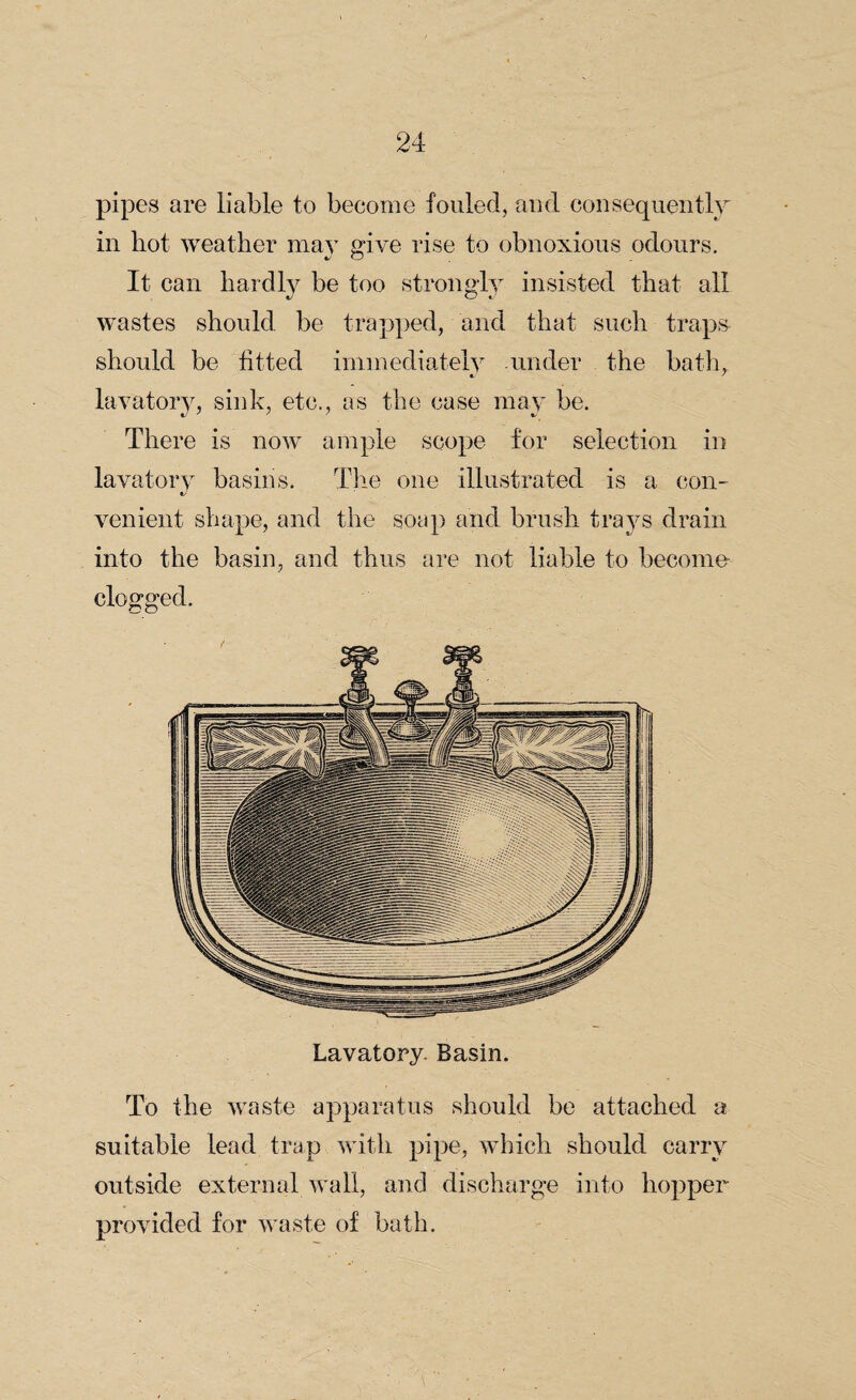 pipes are liable to become fouled, and consequently in hot weather may give rise to obnoxious odours. It can hardly be too strongly insisted that all wastes should be trapped, and that such traps should be fitted immediately under the hath, lavatory, sink, etc., as the case may be. There is now ample scope for selection in lavatory basins. The one illustrated is a con¬ venient shape, and the soap and brush trays drain into the basin, and thus are not liable to become clogged. Lavatory. Basin. To the waste apparatus should be attached a suitable lead trap with pipe, which should carry outside external wall, and discharge into hopper provided for waste of bath.