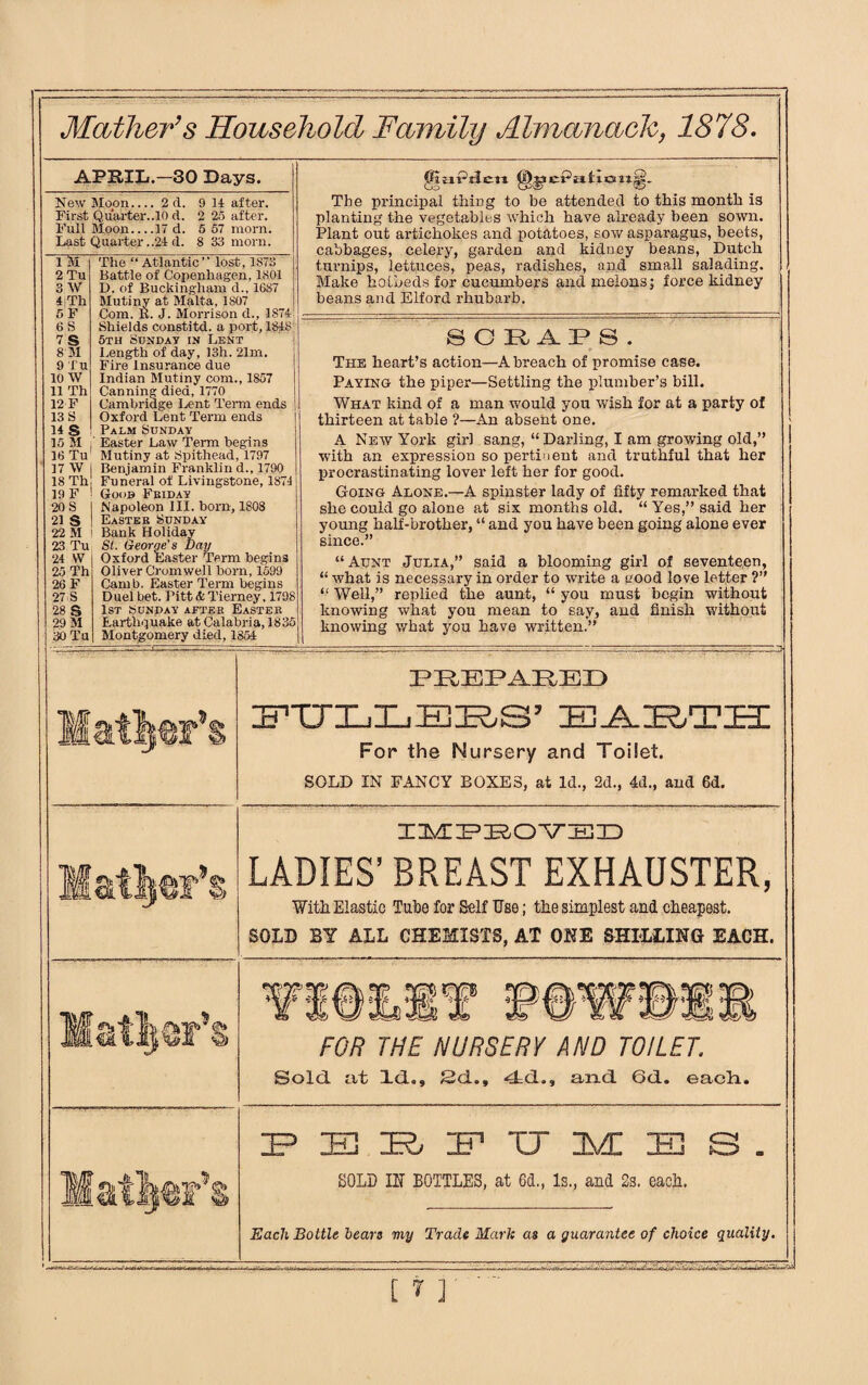 APRIL.—30 Days. New Moon_2 <1. 9 14 after. First Quarter..10 d. 2 25 after. Full Moon... .17 d. 5 57 morn. Last Quarter ..24 d. 8 33 morn. 1 M 2 Tu 3 W 4;Th 5 F 6 S 7 S 8 M 9 Tu 10W 11 Th 12 F 13 S 14 S 15 M , 16 Tu 17 W I 18 Th 19 F I 20 S I 21 S ! 22 M I 23 Tu 24 YV 25 Th 26 F 27 S 28 S 29 M 30 Tu The “Atlantic1' lost, 1S73 Battle of Copenhagen, 1801 D. of Buckingham d., 1687 Mutiny at Malta, 1807 Com. it. J. Morrison d., 1874 Shields constitd. a port, 184y 5th Sunday in Lent Length of day, 13h. 21m. Fire Insurance due Indian Mutiny com., 1857 Canning died, 1770 Cambridge Lent Term ends Oxford Lent Term ends Palm Sunday Easter Law Term begins Mutiny at Spithead, 1797 Benjamin Franklin d., 1790 Funeral of Livingstone, 1874 G.oob Friday Napoleon III. born, 1808 Easter Sunday Bank Holiday St. George's Day Oxford ‘Easter Term begins Oliver Cromwell born, 1599 Camb. Easter Term begins Duel bet. Pitt & Tierney. 1798 1st SUNDAY AFTER EaSTER Earthquake at Calabria, 1835 Montgomery died, 1854 The principal thing to be attended to this month is planting the vegetables which have already been sown. Plant out artichokes and potatoes, sow asparagus, beets, cabbages, celery, garden and kidney beans, Dutch turnips, lettuces, peas, radishes, and small salading. Make hotbeds for cucumbers and melons; force kidney beans and Elford rhubarb. ©CRAPS. The heart’s action—A breach of promise case. Paying the piper—Settling the plumber’s bill. What kind of a man Yvould you wish for at a party of thirteen at table ?—An absent one. A New York girl sang, “ Darling, I am growing old,” with an expression so pertinent and truthful that her procrastinating lover left her for good. Going Alone.—A spinster lady of fifty remarked that she could go alone at six months old. “ Yes,” said her young half-brother, “ and you have been going alone ever since.” “ Aunt Julia,” said a blooming girl of seventeen, “ what is necessary in order to write a pood love letter ?” “ Well,” replied the aunt, “ you must begin without knowing what you mean to say, and finish without knowing what you have written.” latter’ PREPARED FULLEBS7 EARTH For the Nursery and Toilet. SOLD IN FANCY BOXES, at Id., 2d., 4d., and 6d. IMPROVED LADIES’ BREAST EXHAUSTER, With Elastic Tube for Self Use; the simplest and cheapest. SOLD BY ALL CHEMISTS, AT ONE SHILLING EACH. a%sr FOR THE NURSERY AND TOILET. Sold, at Id., Sd., <Ld., and 6d. eacli. Matins PERFUMES. SOLD IN BOTTLES, at 6d., Is., and 2s. each. Each Bottle hears my Trade Marl; as a guarantee of choice quality.