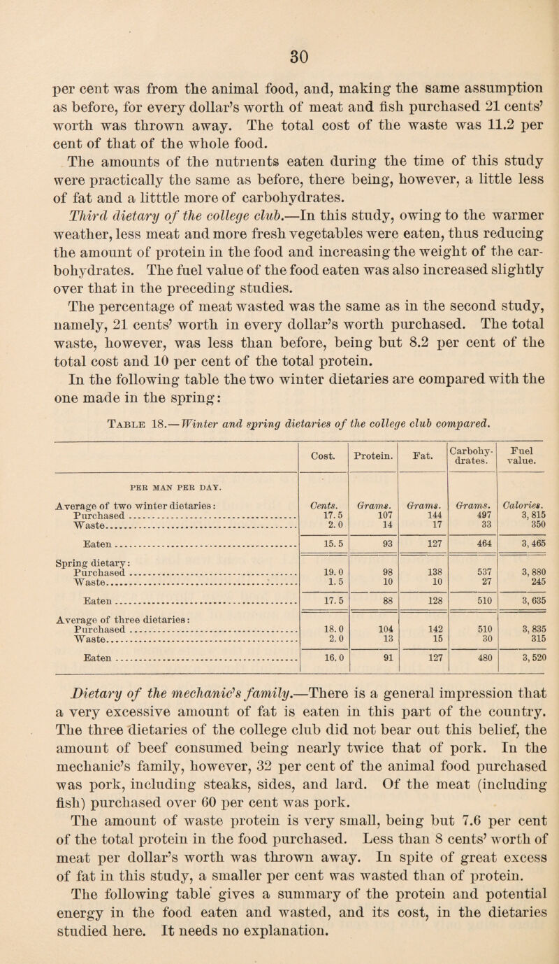 per cent was from the animal food, and, making the same assumption as before, for every dollar’s worth of meat and fish purchased 21 cents’ worth was thrown away. The total cost of the waste was 11.2 per cent of that of the whole food. The amounts of the nutrients eaten during the time of this study were practically the same as before, there being, however, a little less of fat and a litttle more of carbohydrates. Third dietary of the college club.—In this study, owing to the warmer weather, less meat and more fresh vegetables were eaten, thus reducing the amount of protein in the food and increasing the weight of the car¬ bohydrates. The fuel value of the food eaten was also increased slightly over that in the preceding studies. The percentage of meat wasted was the same as in the second study, namely, 21 cents’ worth in every dollar’s worth purchased. The total waste, however, was less than before, being but 8.2 x>er cent of the total cost and 10 per cent of the total protein. In the following table the two winter dietaries are compared with the one made in the spring: Table 18.— Winter and spring dietaries of the college club compared. Cost. Protein. Eat. Carbohy¬ drates. Fuel value. PER MAN PER DAT. Average of two winter dietaries: Cents. Grams. Grams. Grams. Calories. Purchased. 17.5 107 144 497 3, 815 Waste. 2.0 14 17 33 350 Eaten.. 15.5 93 127 464 3,465 Spring dietary: Purchased. 19.0 98 138 537 3, 880 Waste......:. 1.5 10 10 27 245 Eaten... 17.5 88 128 510 3, 635 Average of three dietaries: Purchased.-.. 18.0 104 142 510 3, 835 Waste. 2.0 13 15 30 315 Eaten. 16.0 91 127 480 3,520 Dietary of the mechanic’s family.—There is a general impression that a very excessive amount of fat is eaten in this part of the country. The three dietaries of the college club did not bear out this belief, the amount of beef consumed being nearly twice that of pork. In the mechanic’s family, however, 32 per cent of the animal food purchased was pork, including steaks, sides, and lard. Of the meat (including fish) purchased over 60 per cent was pork. The amount of waste protein is very small, being but 7.6 per cent of the total protein in the food purchased. Less than 8 cents’ worth of meat per dollar’s worth was thrown away. In spite of great excess of fat in this study, a smaller per cent was wasted than of protein. The following table gives a summary of the protein and potential energy in the food eaten and wasted, and its cost, in the dietaries studied here. It needs no explanation.