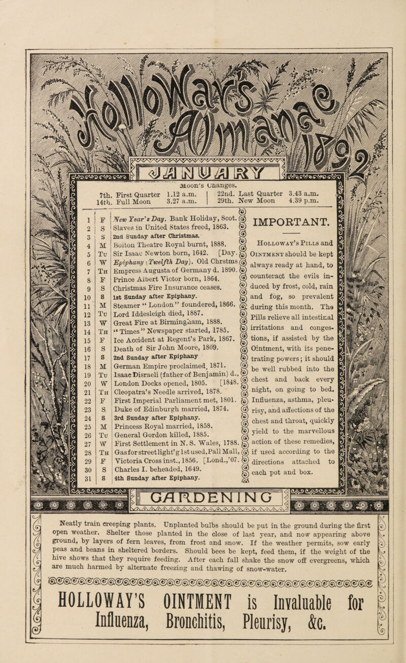 New Year's Day. Bank Holiday, Scot. Slaves in United States freed, 1863. 2nd Sunday after Christmas. Bolton Theatre Royal burnt, 1888. Sir Isaac Newton born, 1642, [Day. Epiphany [Twelfth Day). Old Chrstmsi Empress Augusta of Germany d. 1890. Prince Albert Victor born, 1864. Christmas Fire Insurance ceases. 1st Sunday after Epiphany. Steamer “ London” foundered, 1866. Lord Iddesleigh died, 1887. Great Fire at Birmingham, 1888. “ Times” Newspaper started, 1785. Ice Accident at Regent’s Park, 1867. Death of Sir John Moore, 1809. 2nd Sunday after Epiphany German Empire proclaimed, 1871. Isaac Disraeli (father of Benj amin) d., London Docks opened, 1805. [1848. Cleopatra’s Needle arrived, 1878. First Imperial Parliament met, 1801. Duke of Edinburgh married, 1874. 3rd Sunday after Epiphany. Princess Royal married, 1858. General Gordon killed, 1885. First Settlement in N. S. Wales, 1788. Gas for street light’gist used, Pall Mall, Victoria Cross inst., 1856. [Lond.,’07. Charles I. beheaded, 1649. 4th Sunday after Epiphany. IMPORTANT. Holloway’s Pills and Ointment should be kept always ready at hand, to counteract the evils in¬ duced by frost, cold, rain and fog, so prevalent during this month. The Pills relieve all intestinal irritations and conges¬ tions, if assisted by the Ointment, with its pene¬ trating powers; it should be well rubbed into the chest and back every night, on going to bed. Influenza, asthma, pleu¬ risy, and affections of the chest and throat, quickly yield to the marvellous action of these remedies, if used according to the directions attached to each pot and box. Neatly train creeping plants. Unplanted bulbs should be put in the ground during the first open weather. Shelter those planted in the close of last year, and now appearing above ground, by layers of fern leaves, from frost and snow. If the weather permits, sow early peas and beans in sheltered borders. Should bees be kept, feed them, if the weight of the hive shows that they require feeding. After each fall shake the snow off evergreens, which are much harmed by alternate freezing and thawing of snow-water. HOLLOWAY’S OINTMENT is Invaluable for Influenza, Bronchitis, Pleurisy, <k ffc1) A t) J A A rsj