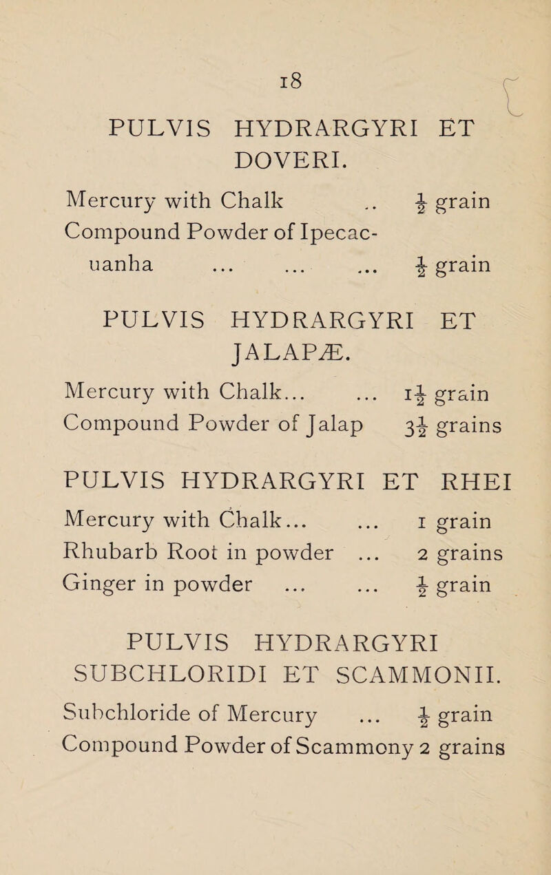 PULVIS HYDRARGYRI ET DOVERI. Mercury with Chalk .. \ grain Compound Powder of Ipecac¬ uanha ... ... ... \ grain PULVIS HYDRARGYRI ET JALAPiE. Mercury with Chalk... ... ingrain Compound Powder of Jalap 31 grains PULVIS HYDRARGYRI ET RHEI Mercury with Chalk... ... 1 grain Rhubarb Root in powder ... 2 grains Ginger in powder ... ... \ grain PULVIS HYDRARGYRI SUBCHLORIDI ET SCAMMONII. Subchloride of Mercury ... \ grain