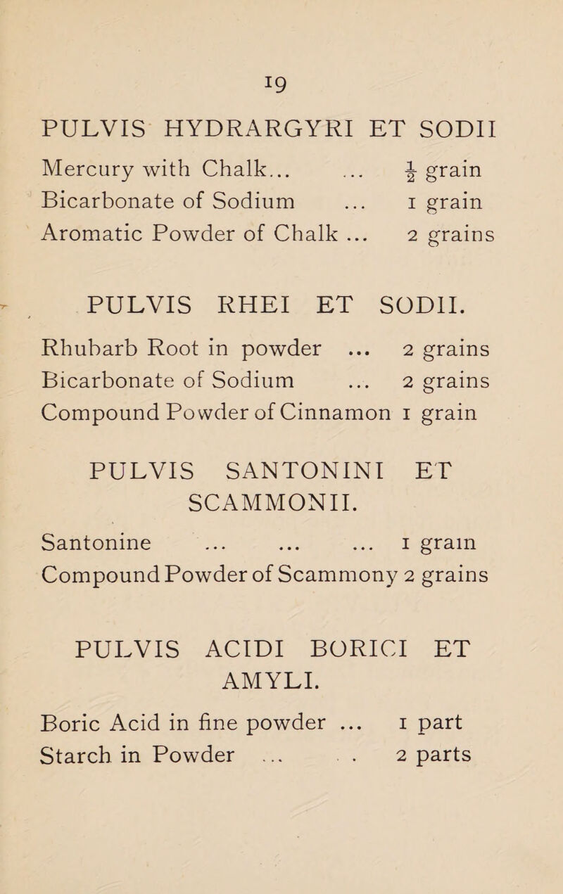 J9 PULVIS HYDRARGYRI ET SODII Mercury with Chalk... ... grain Bicarbonate of Sodium ... i grain Aromatic Powder of Chalk ... 2 grains PULVIS RHEI ET SODII. Rhubarb Root in powder ... 2 grains Bicarbonate of Sodium ... 2 grains Compound Powder of Cinnamon 1 grain PULVIS SANTONINI ET SCAMMONII. Santonine ... ... ... 1 gram Compound Powder of Scammony 2 grains PULVIS ACIDI BORICI ET AMYLI. Boric Acid in fine powder ... 1 part Starch in Powder ... . 2 parts