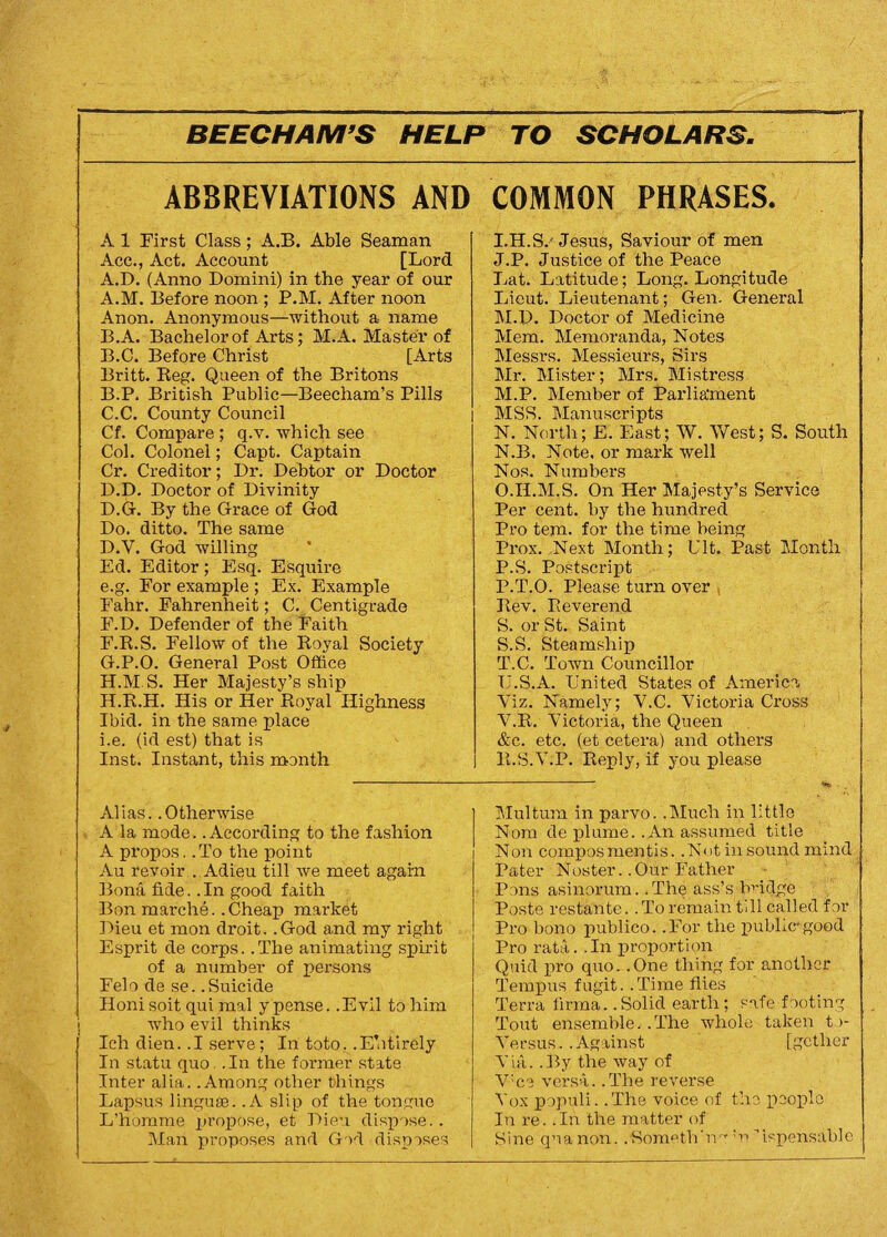 ABBREVIATIONS AND COMMON PHRASES. A 1 First Class; A.B. Able Seaman Acc., Act. Account [Lord A.D. (Anno Domini) in the year of our A. M. Before noon ; P.M. After noon Anon. Anonymous—without a name B. A. Bachelor of Arts; M.A. Master of B.C. Before Christ [Arts Britt. Beg. Queen of the Britons B. P. British Public—Beecham’s Pills C. C. County Council Cf. Compare ; q.v. which see Col. Colonel; Capt. Captain Cr. Creditor; Dr. Debtor or Doctor D. D. Doctor of Divinity D.G. By the Grace of God Do. ditto. The same D.Y. God willing Ed. Editor; Esq. Esquire e.g. For example ; Ex. Example Fahr. Fahrenheit; C. Centigrade F.D. Defender of the Faith F. R.S. Fellow of the Royal Society G. P.O. General Post Office H. M S. Her Majesty’s ship H.R.H. His or Her Royal Highness Ibid, in the same place i.e. (id est) that is Inst. Instant, this month I. H.S.- Jesus, Saviour of men J. P. Justice of the Peace Eat. Latitude; Long. Longitude Lieut. Lieutenant; Gen. General M.D. Doctor of Medicine Mem. Memoranda, Notes Messrs. Messieurs, Sirs Mr. Mister; Mrs. Mistress M. P. Member of Parliament MSS. Manuscripts N. North; E. East; W. West; S. South N. B. Note, or mark well Nos. Numbers O. II.M.S. On Her Majesty’s Service Per cent, by the hundred Pro tern, for the time being Prox. Next Month; Lit. Past Month P. S. Postscript P.T.O. Please turn over , Rev. Reverend S. or St. Saint S. S. Steamship T. C. Town Councillor TJ.S.A. United States of America Viz. Namely; V.C. Victoria Cross V.R. Victoria, the Queen &c. etc. (et cetera) and others R.S.V.P. Reply, if you please Alias. .Otherwise A la mode. .According to the fashion A propos.. To the point Au revoir . Adieu till we meet again Bona fide.. In good faith Bon marche. .Cheap market Dieu et mon droit. .God and my right Esprit de corps. .The animating spirit of a number of persons Felo de se. .Suicide Honi soit qui mal y pense. .Evil to him who evil thinks Ich dien. .1 serve; In toto. .Entirely In statu quo. .In the former state Inter alia. .Among other things Lapsus linguae. .A slip of the tongue L’homrae propose, et Dieu dispose.. Man proposes and God disposes Multum in parvo. .Much in little Nom de plume. .An assumed title Non compos mentis. .Not in sound mind Pater Noster. .Our Father Pons asinorum. .The ass’s bridge Poste restante. .To remain till called for Pro bono publico. .For the public-good Pro rata. .In proportion Quid pro quo. .One thing for another Tempus fugit. .Time flies Terra lirma.. Solid earth; safe footing Tout ensemble. .The whole taken to- Yersus. .Against [gcthcr Via. .By the way of Vce versa. .The reverse Vox populi. .The voice of the people In re. .In the matter of Sine qua non. .Someth'n^ui ’ispensable