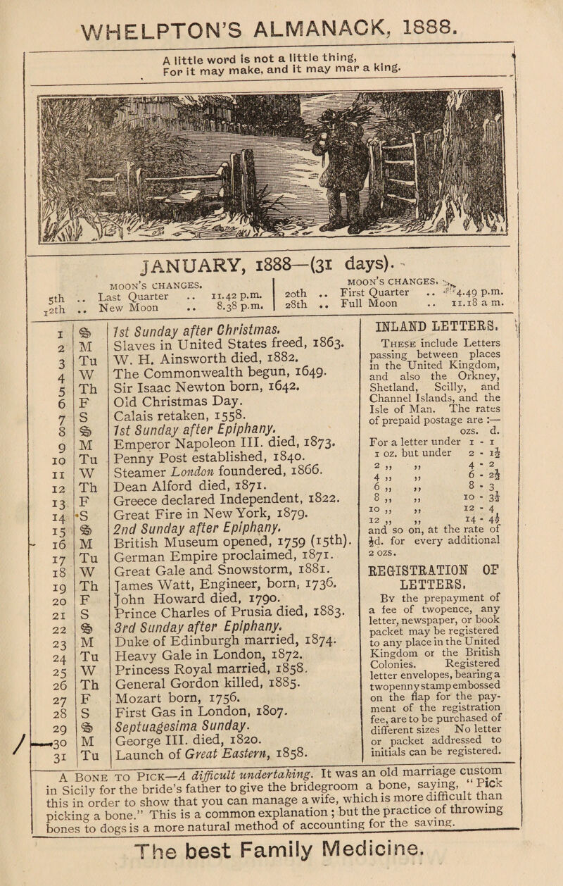 JANUARY, 1888— (31 days). 5th j2th 1 .. I % 2 M 3 Tu 4 W 5 Th 6 F 7 S 8 9 M 10 Tu 11 W 12 Th 13 F 14 •S 15 % 16 M 17 Tu 18 W 19 Th 20 F 21 S 22 % 23 M 24 Tu 25 W 26 Th 27 F 28 S 29 —■■*30 M 3i Tu moon’s changes. 1st Quarter New Moon 11.42 p.m. 8.38 p.m. moon’s changes. 20th .. First Quarter .. 28th .. Full Moon 4-49 P-m- 11.18 a m. 1st Sunday after Christmas. Slaves in United States freed, 1863. W. H. Ainsworth died, 1882. The Commonwealth begun, 1649. Sir Isaac Newton born, 1642. Old Christmas Day. Calais retaken, 1558. 1st Sunday after Epiphany.m Emperor Napoleon III. died, 1873. Penny Post established, 1840. Steamer London foundered, 1866. Dean Alford died, 1871. Greece declared Independent, 1822. Great Fire in New York, 1879. 2nd Sunday after Epiphany. British Museum opened, 1759 (15th). German Empire proclaimed, 1871. Great Gale and Snowstorm, 1881. James Watt, Engineer, born, 1736. John Howard died, 1790. Prince Charles of Prusia died, 1883. 3rd Sunday after Epiphany. Duke of Edinburgh married, 1874. Heavy Gale in London, 1872. Princess Royal married, 1858. General Gordon killed, 1885. Mozart born, 1756. First Gas in London, 1807. Septuagesima Sunday. George III. died, 1820. Launch of Great Eastern, 1858. INLAND LET TEES. These include Letters passing between places in the United Kingdom, and also the Orkney, Shetland, Scilly, and Channel Islands, and the Isle of Man. The rates of prepaid postage are ozs. For a letter under 1 1 oz. but under 2 2 ,, ,, 4 d. 1 2 3. 3 a u 55 5 5 4 jj )) ^ 6 ), >> ^ 8 ,, „ 10 10 ,, ,, 12 12 >j >> , 3C4 ■> and so on, at the rate 01 Jd. for every additional 2 ozs. REGISTRATION OF LETTERS. By the prepayment of a fee of twopence, any letter, newspaper, or book packet may be registered to any place in the United Kingdom or the British Colonies. Registered letter envelopes, bearing a twopenny stamp embossed on the flap for the pay¬ ment of the registration fee, are to be purchased of different sizes No letter or packet addressed to initials can be registered. a. nuNii ro Pick—A difficult undertaking. It was an old marriage custom in Sicily for the bride’s father to give the bridegroom . a bone, saying, pick this in order to show that you can manage a wife, which is more difficult than picking a bone.” This is a common explanation; but the practice of throwing bones to dogs is a more natural method of accounting for the saving._ The best Family Medicine. A little word is not a little thing, For it may make, and it may mar a king.