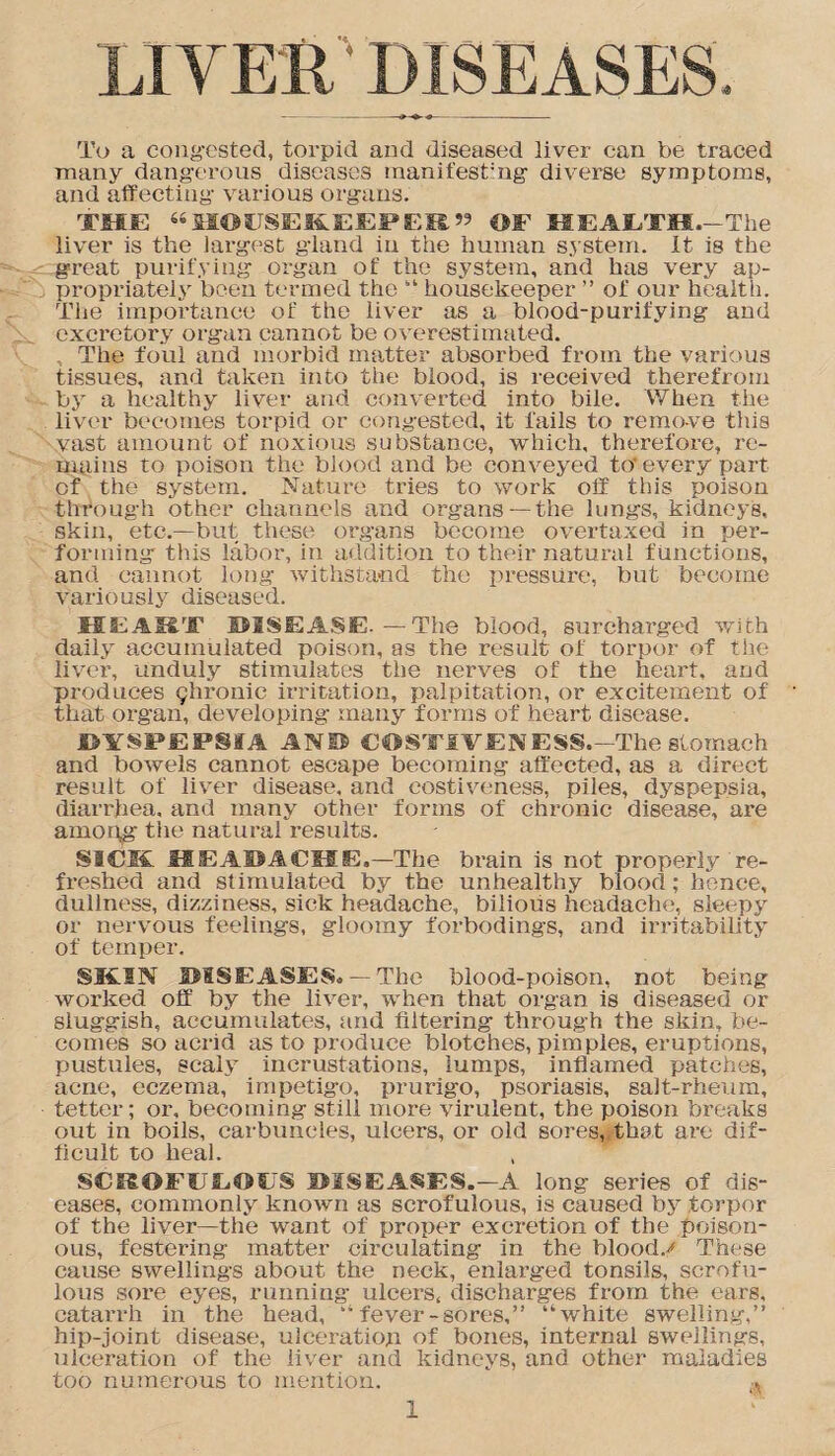 LIVER' DISEASES. To a congested, torpid and diseased liver can be traced many dangerous diseases manifesting diverse symptoms, and affecting various organs. THE “HOUSEKEEPER” OW HEAETH.—The liver is the largest gland in the human system. It is the great purifying organ of the system, and has very ap¬ propriately been termed the 1,1 housekeeper ” of our health. The importance of the liver as a blood-purifying and excretory organ cannot be overestimated. The foul and morbid matter absorbed from the various tissues, and taken into the blood, is received therefrom by a healthy liver and converted into bile. When the liver becomes torpid or congested, it fails to remove this vast amount of noxious substance, which, therefore, re¬ mains to poison the blood and be conveyed to’every part or the system. Nature tries to work off this poison through other channels and organs—the lungs, kidneys, skin, etc.—but these organs become overtaxed in per¬ forming this labor, in addition to their natural functions, and cannot long withstand the pressure, but become variously diseased. HEART DISEASE.—The blood, surcharged with daily accumulated poison, as the result of torpor of the liver, unduly stimulates the nerves of the heart, and produces yhronic irritation, palpitation, or excitement of that organ, developing many forms of heart disease. DYSPEPSIA AN0 COSTIVENESS.—The stomach and bowels cannot escape becoming affected, as a direct result of liver disease, and costiveness, piles, dyspepsia, diarrhea, and many other forms of chronic disease, are amon^g the natural results. SICK HEADACHE.—The brain is not properly re¬ freshed and stimulated by the unhealthy blood; hence, dullness, dizziness, sick headache, bilious headache, sleepy or nervous feelings, gloomy forbodings, and irritability of temper. SKIN DISEASES, — The blood-poison, not being worked off by the liver, when that organ is diseased or sluggish, accumulates, and filtering through the skin, be¬ comes so acrid as to produce blotches, pimples, eruptions, pustules, scaly incrustations, lumps, inflamed patches, acne, eczema, impetigo, prurigo, psoriasis, salt-rheum, tetter; or, becoming still more virulent, the poison breaks out in boils, carbuncles, ulcers, or old sores, that are dif¬ ficult to heal. SCROFULOUS DISEASES.—A long series of dis¬ eases, commonly known as scrofulous, is caused by torpor of the liver—the want of proper excretion of the poison¬ ous, festering matter circulating in the bloods These cause swellings about the neck, enlarged tonsils, scrofu¬ lous sore eyes, running ulcers, discharges from the ears, catarrh in the head, “ fever -sores,” “white swelling,” hip-joint disease, ulceration of bones, internal swellings, ulceration of the liver and kidneys, and other maladies too numerous to mention. a