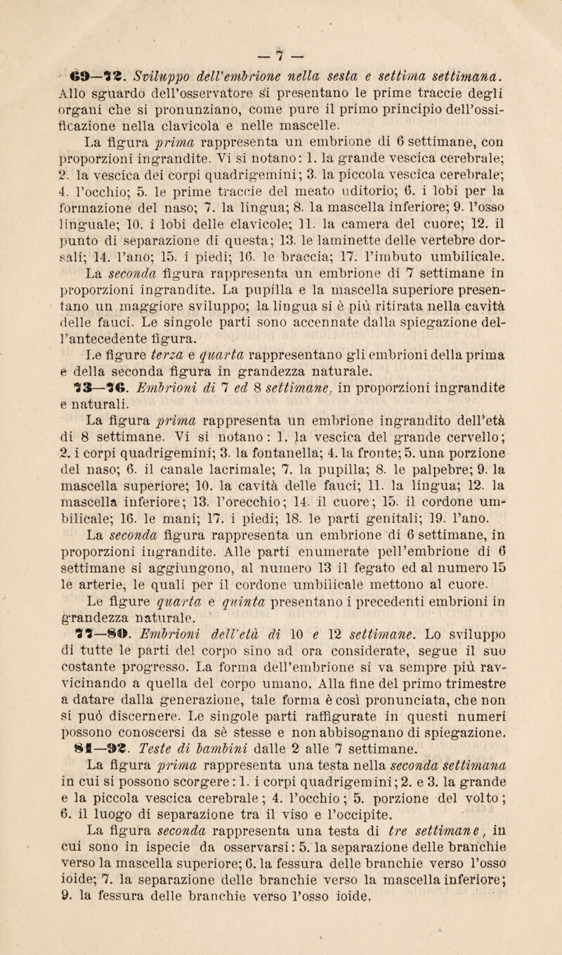 3®. Sviluppo dell'embrione nella sesta e settima settimana. Allo sguardo dell’osservatore si presentano le prime traecie degli organi che si pronunziano, come pure il primo principio dell’ossi- flcazione nella clavicola e nelle mascelle. La figura prima rappresenta un embrione di 6 settimane, con proporzioni ingrandite. Vi si notano: 1. la grande vescica cerebrale; 2. la vescica dei corpi quadrigemini; 3. la piccola vescica cerebrale; 4. l’occhio; 5. le prime traceie del meato uditorio; 6. i lobi per la formazione del naso; 7. la lingua; 8. la mascella inferiore; 9. l’osso linguale; 10. i lobi delle clavicole; 11. la camera del cuore; 12. il punto di separazione di questa; 13. le laminette delle vertebre dor¬ sali; 14. l’ano; 15. i piedi; 10. le braccia; 17. l’imbuto umbilicale. La seconda figura rappresenta un embrione di 7 settimane in proporzioni ingrandite. La pupilla e la mascella superiore presen¬ tano un maggiore sviluppo; la lingua si è più ritirata nella cavità delle fauci. Le singole parti sono accennate dalla spiegazione del¬ l’antecedente figura. Le figure terza e quarta rappresentano gli embrioni della prima e della seconda figura in grandezza naturale. 33—3tè. Embrioni di 7 ed 8 settimane, in proporzioni ingrandite e naturali. La figura prima rappresenta un embrione ingrandito dell’età di 8 settimane. Vi si notano: 1. la vescica del grande cervello; 2. i corpi quadrigemini; 3. la fontanella; 4. la fronte; 5. una porzione del naso; 6. il canale lacrimale; 7. la pupilla; 8. le palpebre; 9. la mascella superiore; 10. la cavità delle fauci; 11. la lingua; 12. la mascella inferiore; 13. l’orecchio; 14. il cuore; 15. il cordone um¬ bilicale; 16. le mani; 17. i piedi; 18. le parti genitali; 19. l’ano. La seconda figura rappresenta un embrione di 6 settimane, in proporzioni ingrandite. Alle parti enumerate peli’embrione di 6 settimane si aggiungono, al numero 13 il fegato ed al numero 15 le arterie, le quali per il cordone umbilicale mettono al cuore. Le figure quarta e quinta presentano i precedenti embrioni in grandezza naturale. 33—8®. Embrioni dell'età dì 10 e 12 settimane. Lo sviluppo di tutte le parti del corpo sino ad ora considerate, segue il suo costante progresso. La forma dell’embrione si va sempre più rav¬ vicinando a quella del corpo umano. Alla fine del primo trimestre a datare dalla generazione, tale forma è così pronunciata, che non si può discernere. Le singole parti raffigurate in questi numeri possono conoscersi da sè stesse e non abbisognano di spiegazione. 81—Teste di bambini dalle 2 alle 7 settimane. La figura prima rappresenta una testa nella seconda settimana in cui si possono scorgere : 1. i corpi quadrigemini; 2. e 3. la grande e la piccola vescica cerebrale ; 4. l’occhio ; 5. porzione del volto ; 6. il luogo di separazione tra il viso e l’occipite. La figura seconda rappresenta una testa di tre settimane, in cui sono in ispecie da osservarsi : 5. la separazione delle branchie verso la mascella superiore; 6. la fessura delle branchie verso l’osso ioide; 7. la separazione delle branchie verso la mascella inferiore; 9. la fessura delle branchie verso l’osso ioide.