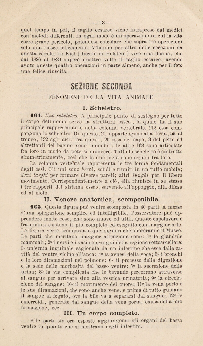 I \ quel tempo in poi, il taglio cesareo viene intrapreso dai medici con metodi differenti. In ogni modo è un’operazione in cui la vita corre grave pericolo, potendosi calcolare che sopra tre operazioni solo una riesce felicemente. V’hanno per altro delle eccezioni da questa regola. In Kiel (ducato di Holstein ) vive una donna, che dal 1826 al 1836 superò quattro volte il taglio cesareo, avendo avuto queste quattro operazioni in parte almeno, anche per il feto una felice riuscita. SEZIONE SECQWOA FENOMENI DELLA VITA ANIMALE. I. Scheletro. 164. Uno scheletro. A principale punto di sostegno per tutto il corpo dell’uomo serve la struttura ossea , la quale ha il suo principale rappresentante nella colonna vertebrale. 212 ossa com¬ pongono lo scheletro. Di queste, 21 appartengono alla testa, 59 al tronco, 132 agli arti. Tra questi, 20 ossa del capo, 3 del petto ed altrettanti del bacino sono immobili; le altre 168 sono articolate fra loro in modo da potersi muovere. Tutto lo scheletro è costrutto simmetricamente, così che le due metà sono eguali fra loro. La colonna vertebrale rappresenta le tre forme fondamentali degli ossi. Gli uni sono brevi, solidi e riuniti in un tutto mobile; altri larghi per formare diverse pareti; altri lunghi per il libero movimento. Corrispondentemente a ciò, ella riunisce in se stessa i tre rapporti del sistema osseo, servendo all’appoggio, alla difesa ed al moto. II. Venere anatomica, scomponibile. 165. Questa figura può venire scomposta in 40 parti. A mezzo d’una spiegazione semplice ed intelligibile, l’osservatore può ap¬ prendere molte cose, che sono nuove ed utili. Questo capolavoro è fra quanti esistono il più completo ed eseguito con maggior arte. La figura verrà scomposta a quei signori che onoreranno il Museo. Le parti che meritano maggior attenzione sono: 1° le glandule mammali; 2°i nervi e i vasi sanguigni della regione sottoascellare; 3° un’ernia inguinale cagionata da un intestino che esce dalla ca¬ vità del ventre vicino all’anca; 4° la genesi della voce; 5° i bronchi e le loro diramazioni nel polmone; 6° il processo della digestione e la sede delle morbosità del basso ventre; 7° la secrezione della urina; 8° la via complicata che le bevande percorrono attraverso al sangue per arrivare sino alla vescica urinatoria; 9° la circola¬ zione del sangue; 10° il movimento del cuore; 11° la vena porta e le sue diramazioni, che sono anche vene, e prima di tutto guidano il sangue al fegato, ove la bile va a separarsi dal sangue; 12° le emorroidi, generate dal sangue della vena porta, causa della loro formazione, ecc. III. Un corpo completo. Alle parti sin ora esposte aggiungonsi gli org*an.i del basso ventre in quanto che si mostrano negli intestini.