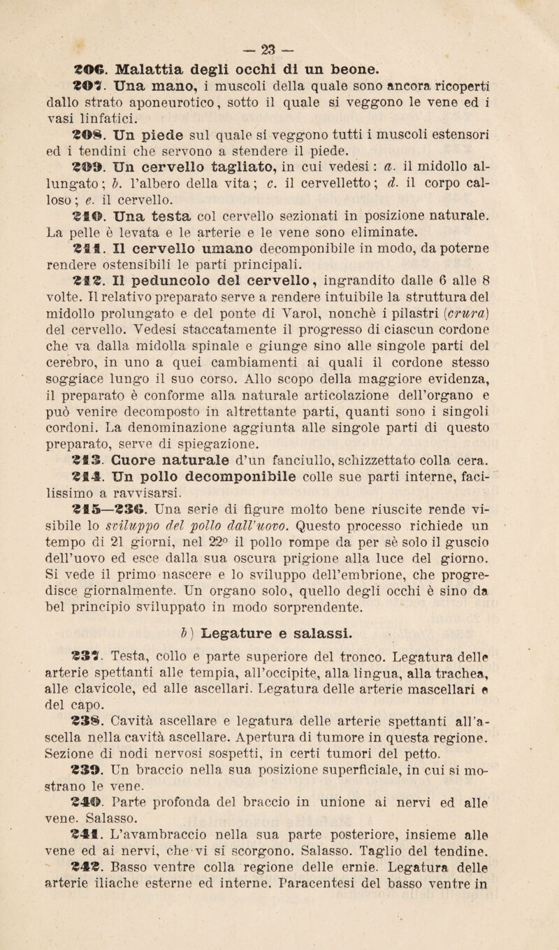 «06. Malattia degli occhi di un beone. £03. Una mano, i muscoli della quale sono ancora ricoperti dallo strato aponeurotico, sotto il quale si veggono le vene ed i vasi linfatici. £08. Un piede sul quale si veggono tutti i muscoli estensori ed i tendini che servono a stendere il piede. £09. Un cervello tagliato, in cui vedesi : a. il midollo al¬ lungato ; b. l’albero della vita ; c. il cervelletto ; d. il corpo cal¬ loso ; e. il cervello. tlO. Una testa col cervello sezionati in posizione naturale. La pelle è levata e le arterie e le vene sono eliminate. £11. Il cervello umano decomponibile in modo, da poterne rendere ostensibili le parti principali. £!£. Il peduncolo del cervello, ingrandito dalle 6 alle 8 volte. Il relativo preparato serve a rendere intuibile la struttura del midollo prolungato e del ponte di Yarol, nonché i pilastri (crura) del cervello. Yedesi staccatamente il progresso di ciascun cordone che va dalla midolla spinale e giunge sino alle singole parti del cerebro, in uno a quei cambiamenti ai quali il cordone stesso soggiace lungo il suo corso. Allo scopo della maggiore evidenza, il preparato è conforme alla naturale articolazione dell’organo e può venire decomposto in altrettante parti, quanti sono i singoli cordoni. La denominazione aggiunta alle singole parti di questo preparato, serve di spiegazione. £13. Cuore naturale d’un fanciullo, schizzettato colla cera. £14. Un pollo decomponibile colle sue parti interne, faci¬ lissimo a ravvisarsi. £15—£36. Una serie di figure molto bene riuscite rende vi¬ sibile lo sviluppo del pollo dall’uovo. Questo processo richiede un tempo di 21 giorni, nel 22° il pollo rompe da per sé solo il guscio dell’uovo ed esce dalla sua oscura prigione alla luce del giorno. Si vede il primo nascere e lo sviluppo dell’embrione, che progre¬ disce giornalmente. Un organo solo, quello degli occhi è sino da bel principio sviluppato in modo sorprendente. b) Legature e salassi. £31. Testa, collo e parte superiore del tronco. Legatura delle arterie spettanti alle tempia, all’occipite, alla lingua, alla trachea, alle clavicole, ed alle ascellari. Legatura delle arterie mascellari e del capo. £38. Cavità ascellare e legatura delle arterie spettanti all'a¬ scella nella cavità ascellare. Apertura di tumore in questa regione. Sezione di nodi nervosi sospetti, in certi tumori del petto. £39. Un braccio nella sua posizione superficiale, in cui si mo¬ strano le vene. £4©. Parte profonda del braccio in unione ai nervi ed alle vene. Salasso. £41. L’ avambraccio nella sua parte posteriore, insieme alle vene ed ai nervi, che vi si scorgono. Salasso. Taglio del tendine. £4£. Basso ventre colla regione delle ernie. Legatura delle arterie iliache esterne ed interne, Paracentesi del basso ventre in