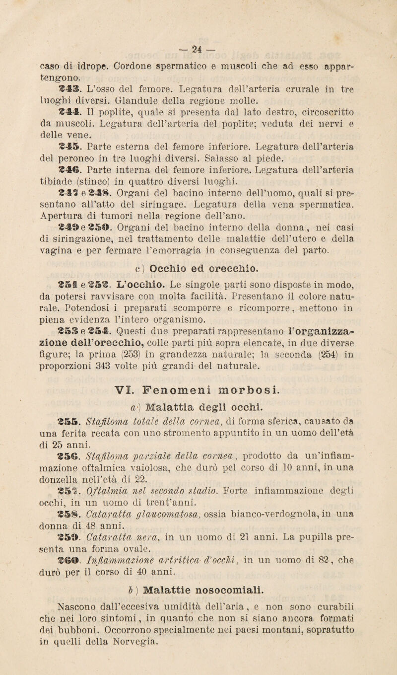 caso di idrope. Cordone spermatico e muscoli che ad esso appar¬ tengono. $43. L’osso del femore. Legatura dell’arteria crurale in tre luoghi diversi. Ctlandule della regione molle. t414. TI poplite, quale si presenta dal lato destro, circoscritto da muscoli. Legatura dell’arteria del poplite; veduta dei nervi e delle vene. M5. Parte esterna del femore inferiore. Legatura dell’arteria del peroneo in tre luoghi diversi. Salasso al piede. $46. Parte interna del femore inferiore. Legatura dell’arteria tibiade (stinco) in quattro diversi luoghi. $411 e *$48. Org’ani del bacino interno dell’uomo, quali si pre¬ sentano all’atto del siringare. Legatura della vena spermatica. Apertura di tumori nella regione dell’ano. o$50. Organi del bacino interno della donna, nei casi di siringazione, nel trattamento delle malattie dell’utero e della vagina e per fermare l’emorragia in conseguenza del parto. c) Occhio ed orecchio. ... ii $51 e $5$. X/occhio. Le singole parti sono disposte in modo, da potersi ravvisare con molta facilità. Presentano il colore natu¬ rale. Potendosi i preparati scomporre e ricomporre, mettono in piena evidenza l’intero organismo. $53 e $54. Questi due preparati rappresentano Forganìzza- zione delForecchio, colle parti più sopra elencate, in due diverse figure; la prima (253) in grandezza naturale; la seconda (254) in proporzioni 343 volte più grandi del naturale. VI. Fenomeni morbosi. aj Malattia degli occhi. $55. Stafiloma totale della cornea, di forma sferica, causato da una ferita recata con uno stromento appuntito in un uomo dell’età di 25 anni. $5©. Stafiloma parziale della cornea, prodotto da un’infiam¬ mazione oftalmica vaiolosa, che durò pel corso di 10 anni, in una donzella nell’età di 22. $59. Oftalmia nel secondo stadio. Forte infiammazione degli occhi, in un uomo di trent’anni. $58. Cataratta glaucomatosa, ossia bianco-verdognola, in una donna di 48 anni. $50. Cataratta nera, in un uomo di 21 anni. La pupilla pre¬ senta una forma ovale. $60. Infiammazione artritica di occhi, in un uomo di 82, che durò per il corso di 40 anni. I ) Malattie nosocomiali. Nascono dall’eccesiva umidità dell’aria, e non sono curabili # che nei loro sintomi, in quanto che non si siano ancora formati dei bubboni. Occorrono specialmente nei paesi montani, sopratutto in quelli della Norvegia.