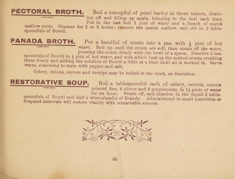 !PEOTOjRAI» BRQTH. Boil a teacupful of pearl barley in three waters, drain¬ ing off and filling up again, bringing to the boil each time. iQ the last boil 1 pint of water and a bunch of marsh mallow roots Simmer for 2 or 3 hours ; remove the marsh mallow, and stir in 2 table¬ spoonfuls of Bovnl. PANADA BROTH« Put a handful of crusts into a pan with pint of hot water. Boil up until the crusts are soft, then strain off the water, pressing the crusts firmly with the bowl of a spoon. Dissolve 2 tea¬ spoonfuls of Bovnl m i pint of hot water, and with a fork beat up the soaked crusts, crushing tnem freely and adding the solution of Bovril a little at a time until all is worked in. Serve warm, seasoning to taste with pepper and salt. Celery, onions, carrots and turnips may be boiled in the stock, at discretion. RESTORATIVE SOUP. —X--K— Boil a tablespoonful each of celery, carrots, onions minced fine, 4 cloves and 8 peppercorns, in 1^ pints of water .. , ^ for an hour. Strain off, and dissolve in the liquid 2 table¬ spoonfuls of Bovril and half a wine-glassful of Brandy. Administered in small quantities at frequent intervals will restore vitality with remarkable success.