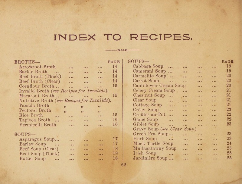 INDEX TO RECIPES. ->oo<- ROTHS— PAGE SOUPS— PAGE Arrowroot Broth • • • 14 Cabbage Soup ... 19 Barley Broth • • • ■ 14 Camerani Soup. 19 Beef Broth (Thick) • • • 14 Carmelite Soup ... 20 Beef Broth (Clear) • • • 14 Carrot Soup 20 Cornflour Broth... • • • 15 Cauliflower Cream Soup 20 Invalid Broth (see Recipes for Invalids). Celery Cream Soup 21 Macaroni Broth... • • • 15 Chestnut Soup ... 21 Nutritive Broth (see Recipes for Invalids'). Clear Soup 21 Panada Broth „ „ M Cottage Soup 21 Pectoral Broth „ „ Cr6cy Soup 22 Rice Broth • • • 15 Croutes-au-Pot ... 22 Tapioca Broth ... • • • 16 Game Soup 22 Vermicelli Broth • • • 16 Giblet Soifp 23 \ . Gravy Soup (see Clear Soup). 3UPS— Green Pea Soup... ... . 23 Asparagus Soup... 17 Herb Soup 23 Barley Soup 17 Mock-Turtle Soup 24 Beef Soup (Clear) 18 Mullagatawny Soup 25 Beef Soup (Thick) 18 Irish Soup 25 Butter Soup 18 Jardiniere Soup. 25