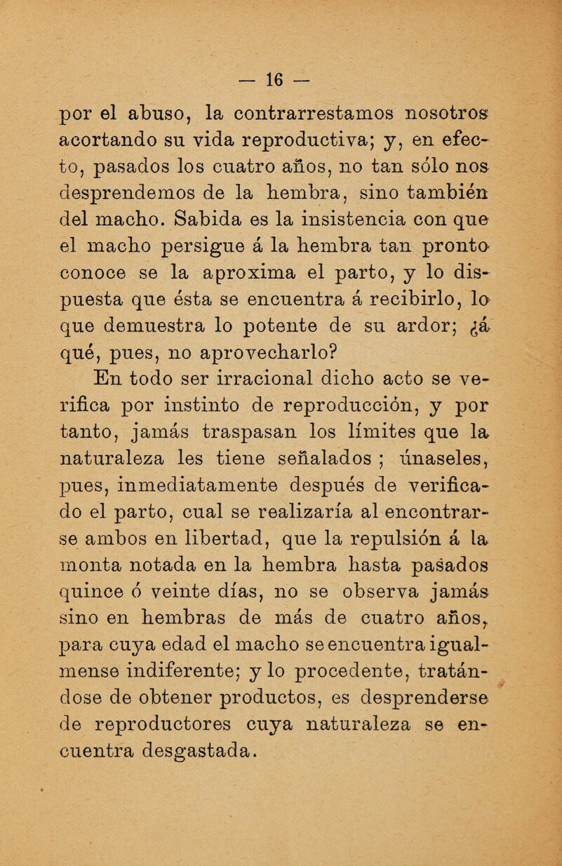 por el abuso, la contrarrestamos nosotros: acortando su vida reproductiva; y, en efec¬ to, pasados los cuatro años, no tan sólo nos desprendemos de la bernbra, sino también del macho. Sabida es la insistencia con que el macho persigue á la hembra tan pronta conoce se la aproxima el parto, y lo dis¬ puesta que ésta se encuentra á recibirlo, lo que demuestra lo potente de su ardor; ¿á qué, pues, no aprovecharlo? En todo ser irracional dicho acto se ve¬ rifica por instinto de reproducción, y por tanto, jamás traspasan los límites que la naturaleza les tiene señalados ; únaseles, pues, inmediatamente después de verifica¬ do el parto, cual se realizaría al encontrar¬ se ambos en libertad, que la repulsión á la monta notada en la hembra hasta pasados quince ó veinte días, no se observa jamás sino en hembras de más de cuatro años, para cuya edad el macho se encuentra igual- mense indiferente; y lo procedente, tratán¬ dose de obtener productos, es desprenderse de reproductores cuya naturaleza se en¬ cuentra desgastada.