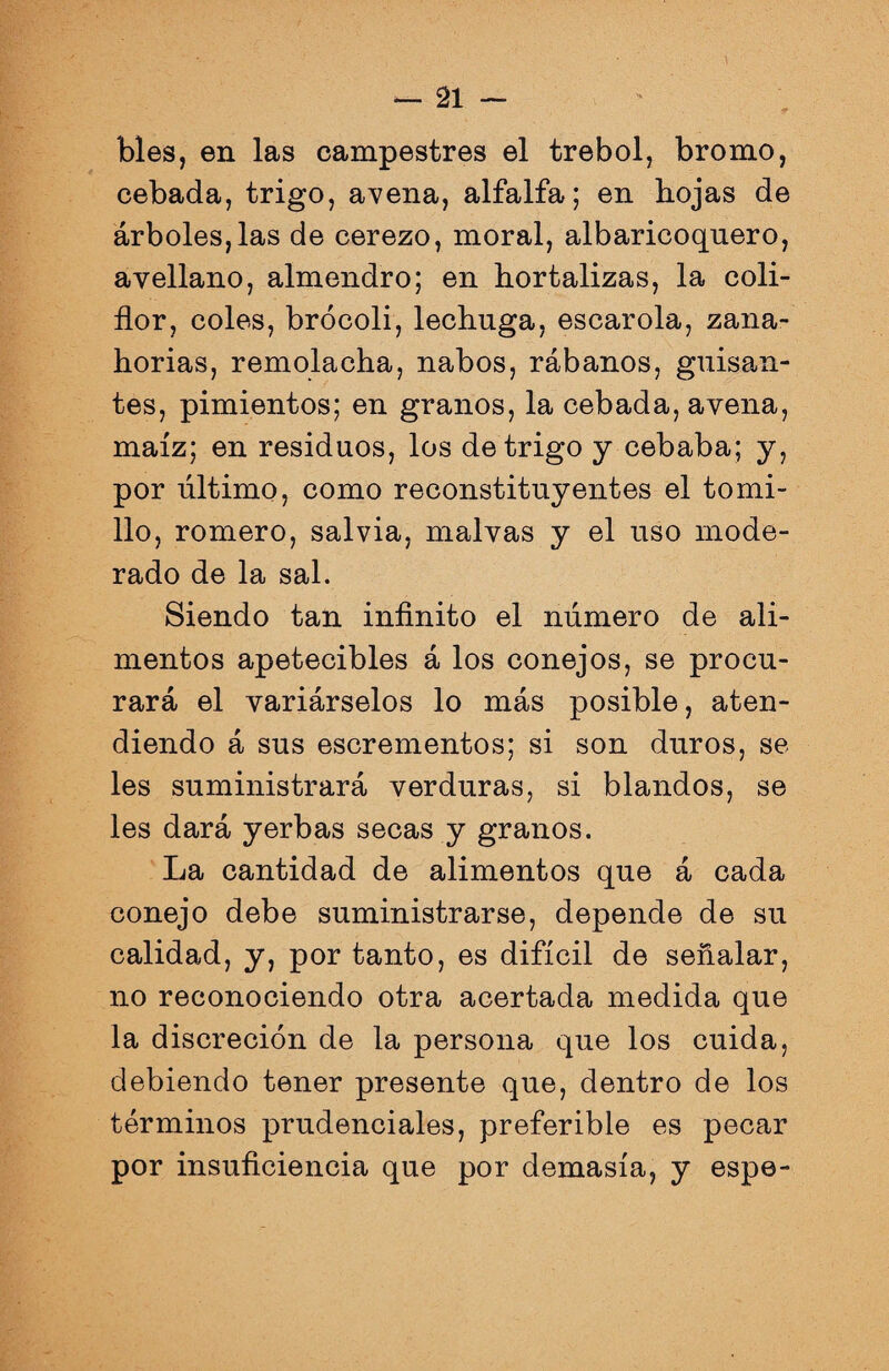 bles, en las campestres el trébol, bromo, cebada, trigo, avena, alfalfa; en hojas de árboles,las de cerezo, moral, albaricoquero, avellano, almendro; en hortalizas, la coli¬ flor, coles, brócoli, lechuga, escarola, zana¬ horias, remolacha, nabos, rábanos, guisan¬ tes, pimientos; en granos, la cebada, avena, maíz; en residuos, los de trigo y cebaba; y, por último, como reconstituyentes el tomi¬ llo, romero, salvia, malvas y el uso mode¬ rado de la sal. Siendo tan infinito el número de ali¬ mentos apetecibles á los conejos, se procu¬ rará el variárselos lo más posible, aten¬ diendo á sus escrementos; si son duros, se les suministrará verduras, si blandos, se les dará yerbas secas y granos. La cantidad de alimentos que á cada conejo debe suministrarse, depende de su calidad, y, por tanto, es difícil de señalar, no reconociendo otra acertada medida que la discreción de la persona que los cuida, debiendo tener presente que, dentro de los términos prudenciales, preferible es pecar por insuficiencia que por demasía, y espe-