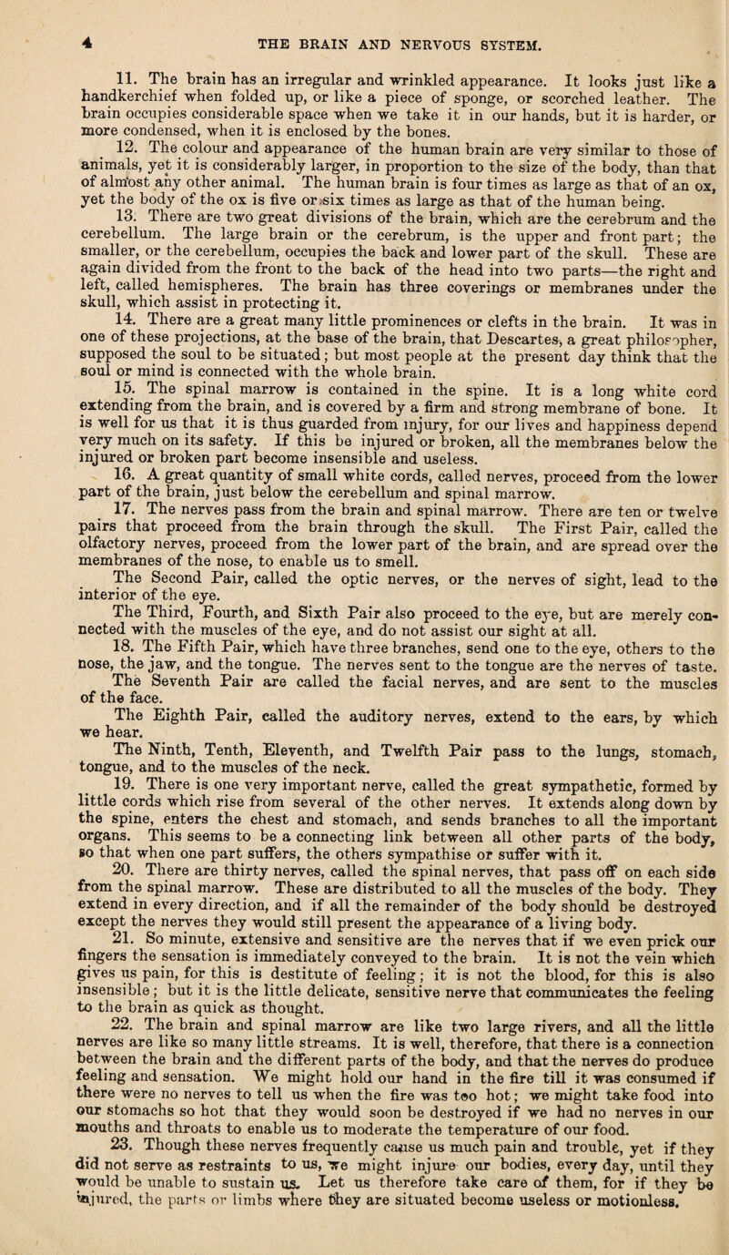 11. The brain has an irregular and wrinkled appearance. It looks just like a handkerchief when folded up, or like a piece of sponge, or scorched leather. The brain occupies considerable space when we take it in our hands, but it is harder, or more condensed, when it is enclosed by the bones. 12. The colour and appearance of the human brain are very similar to those of animals, yet it is considerably larger, in proportion to the size of the body, than that of alm'ost any other animal. The human brain is four times as large as that of an ox, yet the body of the ox is five or .six times as large as that of the human being. 13. There are two great divisions of the brain, which are the cerebrum and the cerebellum. The large brain or the cerebrum, is the upper and front part; the smaller, or the cerebellum, occupies the back and lower part of the skull. These are again divided from the front to the back of the head into two parts—the right and left, called hemispheres. The brain has three coverings or membranes under the skull, which assist in protecting it. 14. There are a great many little prominences or clefts in the brain. It was in one of these projections, at the base of the brain, that Descartes, a great philosopher, supposed the soul to be situated; but most people at the present day think that the soul or mind is connected with the whole brain. 15. The spinal marrow is contained in the spine. It is a long white cord extending from the brain, and is covered by a firm and strong membrane of bone. It is well for us that it is thus guarded from injury, for our lives and happiness depend very much on its safety. If this be injured or broken, all the membranes below the injured or broken part become insensible and useless. 16. A great quantity of small white cords, called nerves, proceed from the lower part of the brain, just below the cerebellum and spinal marrow. 17. The nerves pass from the brain and spinal marrow. There are ten or twelve pairs that proceed from the brain through the skull. The First Pair, called the olfactory nerves, proceed from the lower part of the brain, and are spread over the membranes of the nose, to enable us to smell. The Second Pair, called the optic nerves, or the nerves of sight, lead to the interior of the eye. The Third, Fourth, and Sixth Pair also proceed to the eye, but are merely con¬ nected with the muscles of the eye, and do not assist our sight at all. 18. The Fifth Pair, which have three branches, send one to the eye, others to the nose, the jaw, and the tongue. The nerves sent to the tongue are the nerves of taste. The Seventh Pair are called the facial nerves, and are sent to the muscles of the face. The Eighth Pair, called the auditory nerves, extend to the ears, by which we hear. The Ninth, Tenth, Eleventh, and Twelfth Pair pass to the lungs, stomach, tongue, and to the muscles of the neck. 19. There is one very important nerve, called the great sympathetic, formed by little cords which rise from several of the other nerves. It extends along down by the spine, enters the chest and stomach, and sends branches to all the important organs. This seems to be a connecting link between all other parts of the body, so that when one part suffers, the others sympathise or suffer with it. 20. There are thirty nerves, called the spinal nerves, that pass off on each side from the spinal marrow. These are distributed to all the muscles of the body. They extend in every direction, and if all the remainder of the body should be destroyed except the nerves they would still present the appearance of a living body. 21. So minute, extensive and sensitive are the nerves that if we even prick our lingers the sensation is immediately conveyed to the brain. It is not the vein which gives us pain, for this is destitute of feeling ; it is not the blood, for this is also insensible; but it is the little delicate, sensitive nerve that communicates the feeling to the brain as quick as thought. 22. The brain and spinal marrow are like two large rivers, and all the little nerves are like so many little streams. It is well, therefore, that there is a connection between the brain and the different parts of the body, and that the nerves do produce feeling and sensation. We might hold our hand in the fire till it was consumed if there were no nerves to tell us when the fire was too hot; we might take food into our stomachs so hot that they would soon be destroyed if we had no nerves in our mouths and throats to enable us to moderate the temperature of our food. 23. Though these nerves frequently cause us much pain and trouble, yet if they did not serve as restraints to Te might injure our bodies, every day, until they would be unable to sustain us. Let us therefore take care of them, for if they be injured, the parts or limbs where they are situated become useless or motionless.