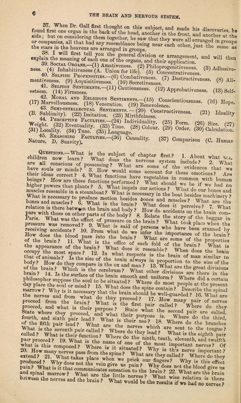 bia ^-veries, he side ; but on considering them togettr, SlTthal^ the ““a 1 ^a *he near ioh oth- ^ ~ “Pla39 “d WiU then - J S“r r,42> “'x=a=. <»> 40. Selfish Propensities.—(6) Combativeness. (7) Destructiveness at mentiyeness. (9) Acquisitiveness. (10) Secretiveness. ^ (8) Ah‘ esteem.’ (M^Eirmne™1'18'~^ Cautlousn6ss* (12) Approbativeness. (13) Self- d7)||s feiBCLst^ (B. W Weight P“™™f F“ulT™ir(24) Individuality. (25) Form. (26) Size 1271 Natot TsZuy)fiCVLTIES-~(m) ^ Common (C. Human Questions.—What is the subject of chanter first? i + t, children now learn? What r?np« ftQ ^ nrst* 1. About what win. are all conscious of possessing ? Vh’t are sle^fTh “dude? 2' What their Wet cobrt”t ?4 Whft°T T“ h“ f°r ‘t^emotfonst'C beings ? m^L1^W^nit^bttfWwltI;PelS °Ur aCt-°nl? What d° °” b(®tand What is nectary Id produce° motiontesfdestones and^museles^^Wl111!^116^ ^ bones and muscles ? 6. What is the brain? ww a 1 ? What are the relation is there between the brain and bodv ? 3hafc, does perceive? 7. What pare with those on otht parts7f”he bodyt 8 Relate 7 7117 7h bfia Barts. What was the effect of pressure on the bra n ? m. Z l 1° b<l8gar ,in pressure was removed? 9 What is com wnat took place when the receiving accidents ? in i”i“. T1 °f Pe/son? who have been stunned by How dot the bfood pass Tnto The btinT 'mft imie f the >™,A Of the brain ? 11. wTat /sthetfflttV eael Md oT 177 bti^ the appearance of the brain? What does it resemble? WE a .,Whft 1S occupy the most space ? 12. In what resDeets S A d°6S tbe bram that of animals ? Is the siVe nf iEp Pects the brain of man similar to ofthe? b^^tet”: cnerHrdSo|-^?“ tbe B— day place the soul or mind ? 1 5 W|iai +e • Q° m . PeoPle at the present marrow ? Why ?8 i?t n^cessarv E • i SP,T COn^ain ? I)eSL‘ribe the spinal the nerves anT 11“X^d 16. Whai are proceed from the brain? What ?Ea -fi p • ,?^1man7 Pair °f nerves proceed, and what is their munose 9 Sf»T ff ,fUed ? Where d» they State where they proceed andbvhnV ,v ' w )ab i° second pair are called. fourth, and sixtlf pPa7wdd;nWto;aisl7irP2°?Sei81S-W,Wh7e *5 *? third' of the fifth pair lead? What arp iEp r. \ .j°- Where do the branches What is the seventh pair eallld ? Where df7 7'7 arasent t0 the Wngue? called ? What is their function? Whefe dQd thi n' 71 is the eighth Pair pair proceed ? 19. What is the’ name of (li t l'’ enth’ Seventh, and twelfth Jjatis this composed? WhireTa ft situated? Wh”0^ ™f>0rtant mrves? 01 20. How many nerves pass from theslinfv wt. WhT 18 th:s nerve important? extend? 21. Whit taki's wheP What are they called ? Where do they produced? Why does nit the IeiT7eWe Pr'?k°” lingers? Why is this effect pain ? What is it that communicateslensadonTthe a °°t1 ^ and spinal marrow? What arp thp linm % D^ai,n { what are the brain between the nerves and thelS