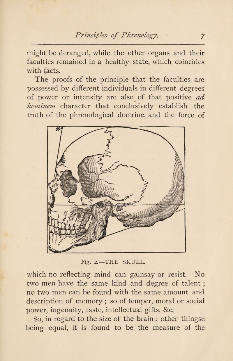 might be deranged, while the other organs and their faculties remained in a healthy state, which coincides with facts. The proofs of the principle that the faculties are possessed by different individuals in different degrees of power or intensity are also of that positive ad hominem character that conclusively establish the truth of the phrenological doctrine, and the force of Fig. 2.—THE SKULL. which no reflecting mind can gainsay or resist. No two men have the same kind and degree of talent ; no two men can be found with the same amount and description of memory; so of temper, moral or social power, ingenuity, taste, intellectual gifts, &c. So, in regard to the size of the brain : other thingse being equal, it is found to be the measure of the