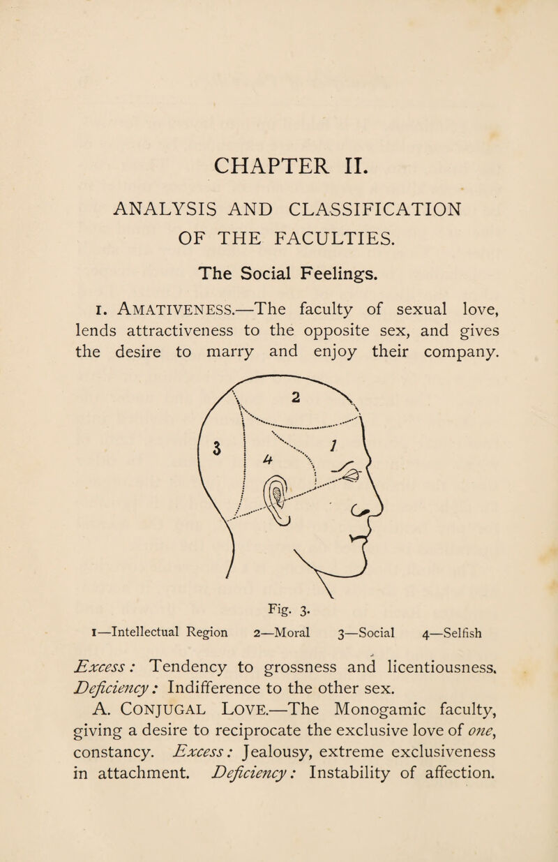ANALYSIS AND CLASSIFICATION OF THE FACULTIES. The Social Feelings. i. Amativeness.—The faculty of sexual love, lends attractiveness to the opposite sex, and gives the desire to marry and enjoy their company. I—Intellectual Region 2—Moral 3—Social 4—Selfish Excess: Tendency to grossness and licentiousness. Deficiency : Indifference to the other sex. A. Conjugal Love.—The Monogamic faculty, giving a desire to reciprocate the exclusive love of one^ constancy. Excess: Jealousy, extreme exclusiveness in attachment. Deficiency: Instability of affection.