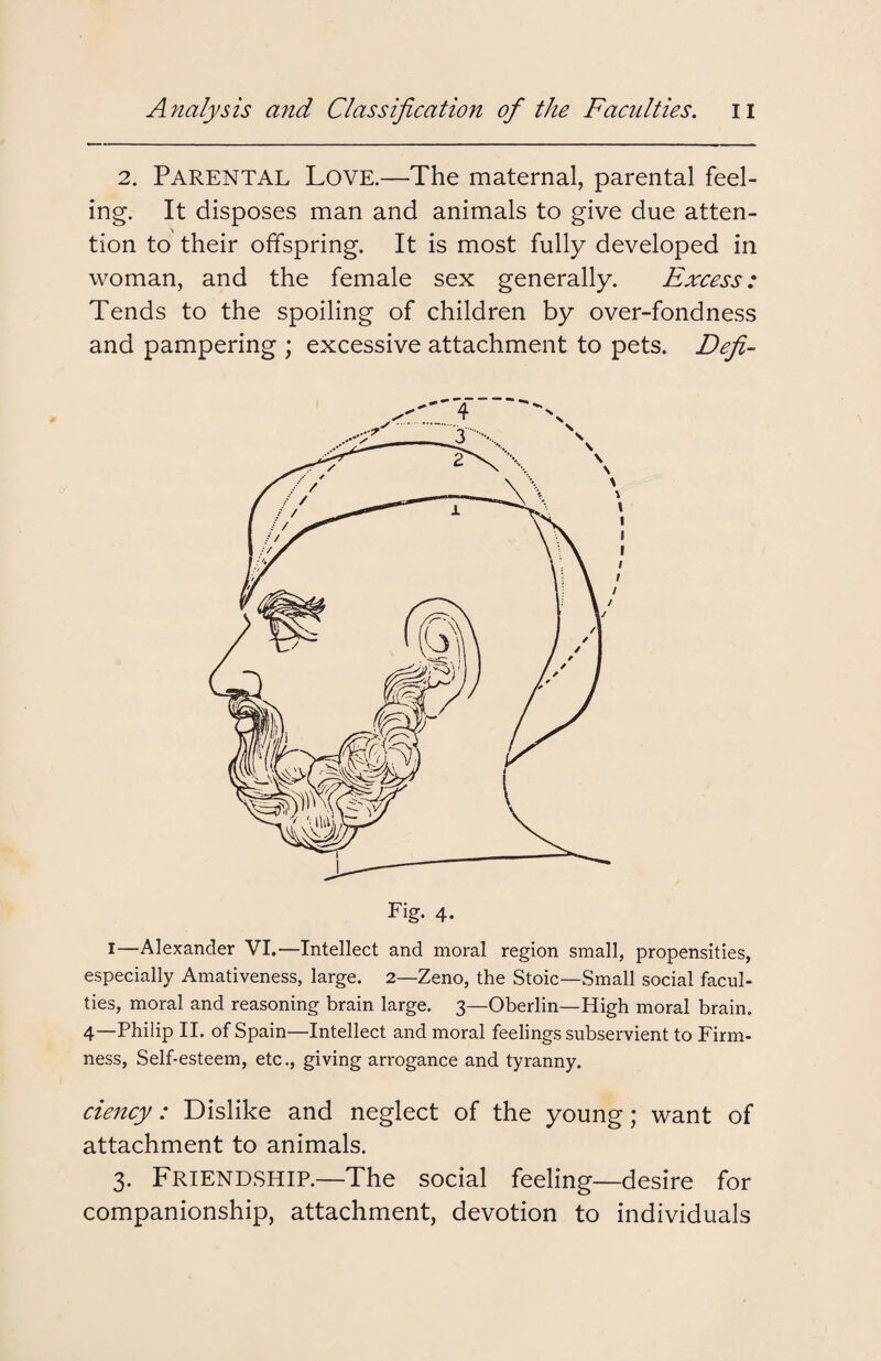 2. PARENTAL Love.—The maternal, parental feel¬ ing. It disposes man and animals to give due atten¬ tion to their offspring. It is most fully developed in woman, and the female sex generally. Excess: Tends to the spoiling of children by over-fondness and pampering ; excessive attachment to pets. Deft- I—Alexander VI.—Intellect and moral region small, propensities, especially Amativeness, large. 2—Zeno, the Stoic—Small social facul¬ ties, moral and reasoning brain large. 3—Oberlin—High moral brain. 4—Philip II. of Spain—Intellect and moral feelings subservient to Firm¬ ness, Self-esteem, etc., giving arrogance and tyranny. ciency: Dislike and neglect of the young; want of attachment to animals. 3. Friendship.—The social feeling—desire for companionship, attachment, devotion to individuals