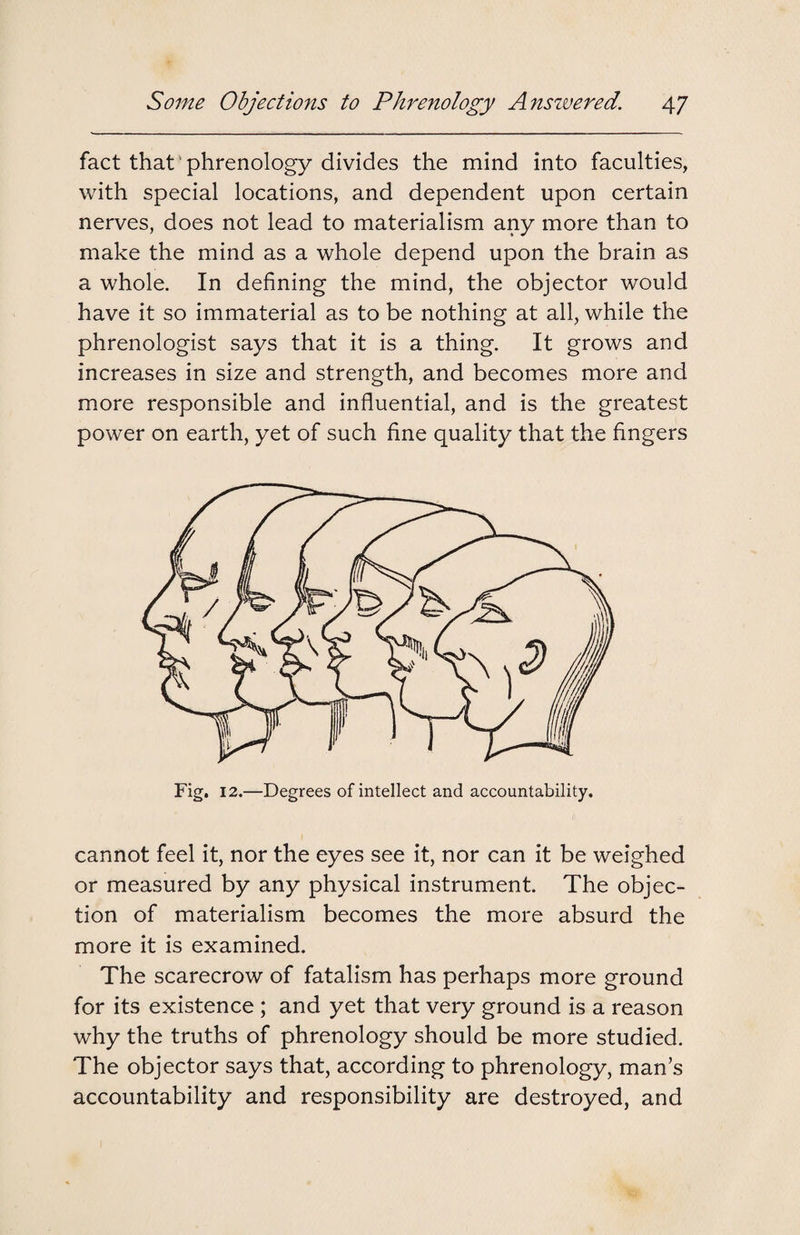 fact that 'phrenology divides the mind into faculties, with special locations, and dependent upon certain nerves, does not lead to materialism any more than to make the mind as a whole depend upon the brain as a whole. In defining the mind, the objector would have it so immaterial as to be nothing at all, while the phrenologist says that it is a thing. It grows and increases in size and strength, and becomes more and more responsible and influential, and is the greatest power on earth, yet of such fine quality that the fingers Fig. 12.—Degrees of intellect and accountability. cannot feel it, nor the eyes see it, nor can it be weighed or measured by any physical instrument. The objec¬ tion of materialism becomes the more absurd the more it is examined. The scarecrow of fatalism has perhaps more ground for its existence ; and yet that very ground is a reason why the truths of phrenology should be more studied. The objector says that, according to phrenology, man’s accountability and responsibility are destroyed, and