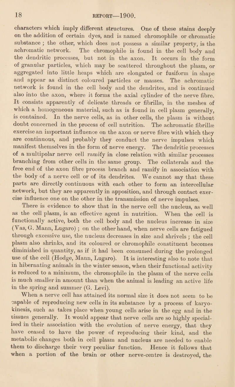 characters which imply different structures. One of these stains deeply on the addition of certain dyes, and is named chromophile or chromatic substance ; the other, which does not possess a similar property, is the achromatic network. The chromophile is found in the cell body and the dendritic processes, but not in the axon. It occurs in the form of granular particles, which may be scattered throughout the plasm, or aggregated into little heaps which are elongated or fusiform in shape and appear as distinct coloured particles or masses. The achromatic network is found in the cell body and the dendrites, and is continued also into the axon, where it forms the axial cylinder of the nerve fibre. It consists apparently of delicate threads or fibrilke, in the meshes of which a homogeneous material, such as is found in cell plasm generally, is contained. In the nerve cells, as in other cells, the plasm is without doubt concerned in the process of cell nutrition. The achromatic fibrillse exercise an important influence on the axon or nerve fibre with which they are continuous, and probably they conduct the nerve impulses which manifest themselves in the form of nerve energy. The dendritic processes of a multipolar nerve cell ramify in close relation with similar processes branching from other cells in the same group. The collaterals and the free end of the axon fibre process branch and ramify in association with the body of a nerve cell or of its dendrites. We cannot say that these parts are directly continuous with each other to form an intercellular network, but they are apparently in apposition, and through contact exer¬ cise influence one on the other in the transmission of nerve impulses. There is evidence to show that in the nerve cell the nucleus, as well as the cell plasm, is an effective agent in nutrition. When the cell is functionally active, both the cell body and the nucleus increase in size (Yas, G. Mann, Lugaro); on the other hand, when nerve cells are fatigued through excessive use, the nucleus decreases in size and shrivels ; the cell plasm also shrinks, and its coloured or chromophile constituent becomes diminished in quantity, as if it had been consumed during the prolonged use of the cell (Hodge, Mann, Lugaro). It is interesting also to note that in hibernating animals in the winter season, when their functional activity is reduced to a minimum, the chromophile in the plasm of the nerve cells is much smaller in amount than when the animal is leading an active life in the spring and summer (G. Levi). When a nerve cell has attained its normal size it does not seem to be capable of reproducing new cells in its substance by a process of karyo- kinesis, such as takes place when young cells arise in the egg and in the tissues generally. It would appear that nerve cells are so highly special¬ ised in their association with the evolution of nerve energy, that they have ceased to have the power of reproducing their kind, and the metabolic changes both in cell plasm and nucleus are needed to enable them to discharge their very peculiar function. Hence it follows that when a portion of the brain or other nerve-centre is destroyed, the
