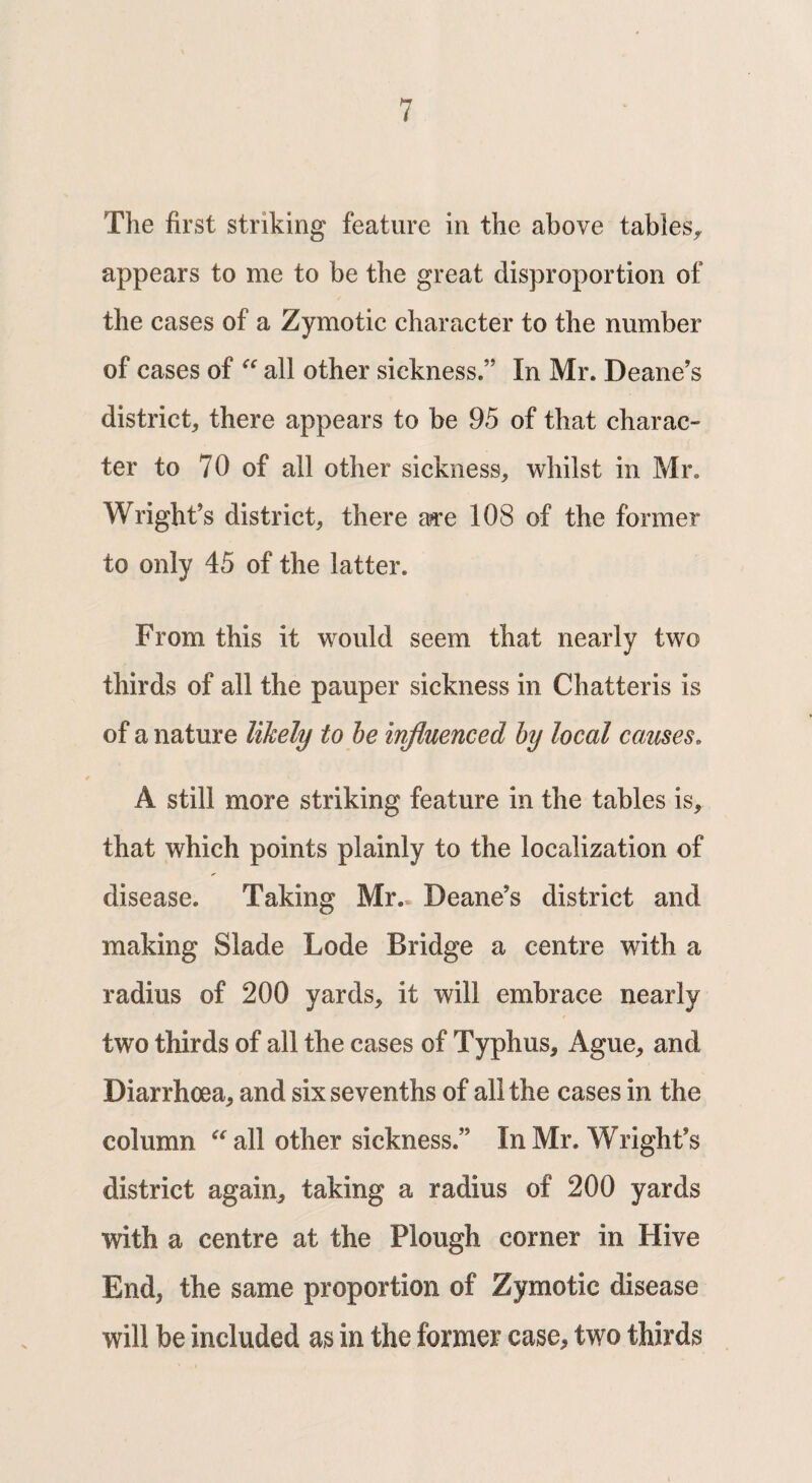 t The first striking feature in the above tables, appears to me to be the great disproportion of the cases of a Zymotic character to the number of cases of “ all other sickness.” In Mr. Deane's district, there appears to be 95 of that charac¬ ter to 70 of all other sickness, whilst in Mr. Wright’s district, there a*e 108 of the former to only 45 of the latter. From this it would seem that nearly two thirds of all the pauper sickness in Chatteris is of a nature likely to be influenced by local causes. A still more striking feature in the tables is, that which points plainly to the localization of disease. Taking Mr. Deane’s district and making Slade Lode Bridge a centre with a radius of 200 yards, it will embrace nearly two thirds of all the cases of Typhus, Ague, and Diarrhoea, and six sevenths of all the cases in the column “ all other sickness.” In Mr. Wright’s district again, taking a radius of 200 yards with a centre at the Plough corner in Hive End, the same proportion of Zymotic disease will be included as in the former case, two thirds