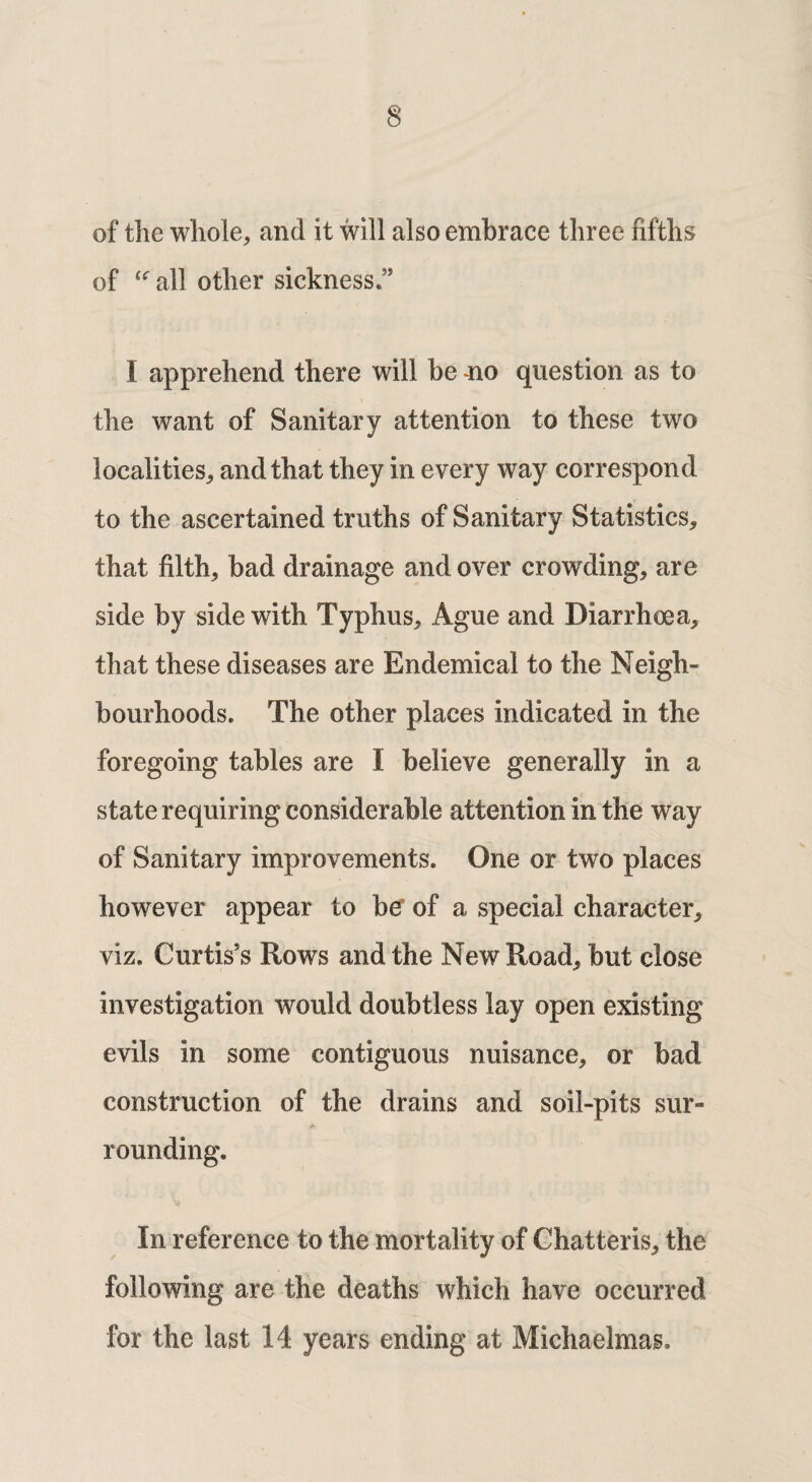 of the whole, and it will also embrace three fifths of “ all other sickness ” I apprehend there will be no question as to the want of Sanitary attention to these two localities, and that they in every way correspond to the ascertained truths of Sanitary Statistics, that filth, bad drainage and over crowding, are side by side with Typhus, Ague and Diarrhoea, that these diseases are Endemical to the Neigh” bourhoods. The other places indicated in the foregoing tables are I believe generally in a state requiring considerable attention in the way of Sanitary improvements. One or two places however appear to bef of a special character, viz. Curtis’s Rows and the New Road, but close investigation would doubtless lay open existing evils in some contiguous nuisance, or bad construction of the drains and soil-pits sur- rounding. In reference to the mortality of Chatteris, the following are the deaths which have occurred for the last 14 years ending at Michaelmas.