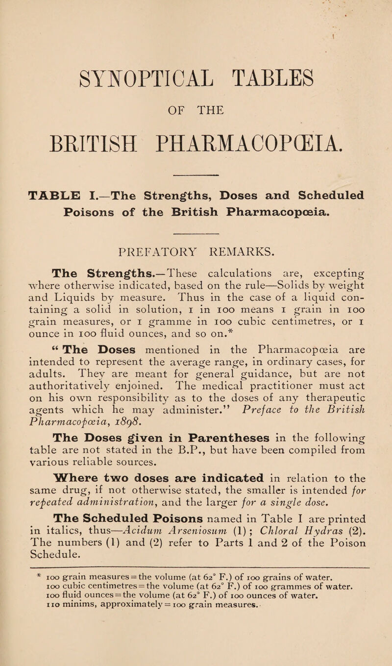 OF THE BRITISH PHARMACOPCEIA. TABLE I.—The Strengths, Doses and Scheduled Poisons of the British Pharmacopoeia. PREFATORY REMARKS. The Strengths.—These calculations are, excepting where otherwise indicated, based on the rule—Solids by weight and Liquids by measure. Thus in the case of a liquid con¬ taining a solid in solution, I in ioo means I grain in ioo grain measures, or i gramme in ioo cubic centimetres, or i ounce in ioo fluid ounces, and so on.* “ The Doses mentioned in the Pharmacopoeia are intended to represent the average range, in ordinary cases, for adults. They are meant for general guidance, but are not authoritatively enjoined. The medical practitioner must act on his own responsibility as to the doses of any therapeutic agents which he may administer.” Preface to the British Pharmacopoeia, i8<)8. The Doses given in Parentheses in the following table are not stated in the B.P., but have been compiled from various reliable sources. Where two doses are indicated in relation to the same drug, if not otherwise stated, the smaller is intended for repeated administration, and the larger for a single dose. The Scheduled Poisons named in Table I are printed in italics, thus—Acidum Arseniosum (1) ; Chloral Hydras (2). The numbers (1) and (2) refer to Parts 1 and 2 of the Poison Schedule. * ioo grain measures = the volume (at 62° F.) of 100 grains of water. 100 cubic centimetres= the volume (at 62° F.) of 100 grammes of water. 100 fluid ounces = the volume (at 62° F.) of 100 ounces of water,